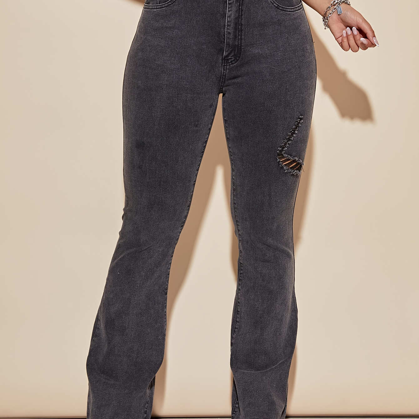 

Jeans évasés déchirés gris foncé, poches fendues, pantalon en denim à haute élasticité, jeans et vêtements en denim pour femmes