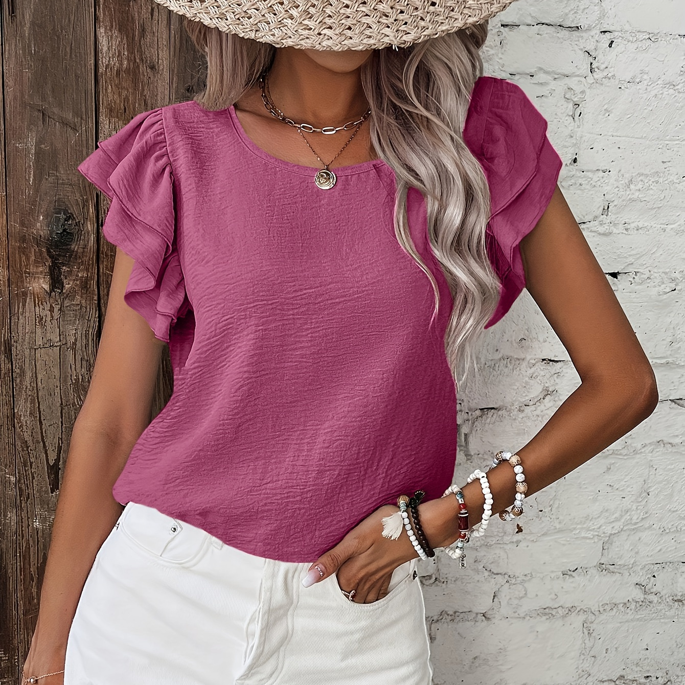 

Solid Layered Ruffle Trim Blouse, Elegant Crew Neck Textured Simple Blouse For Spring & Summer, Women's Clothing Wedding Holiday Vacation