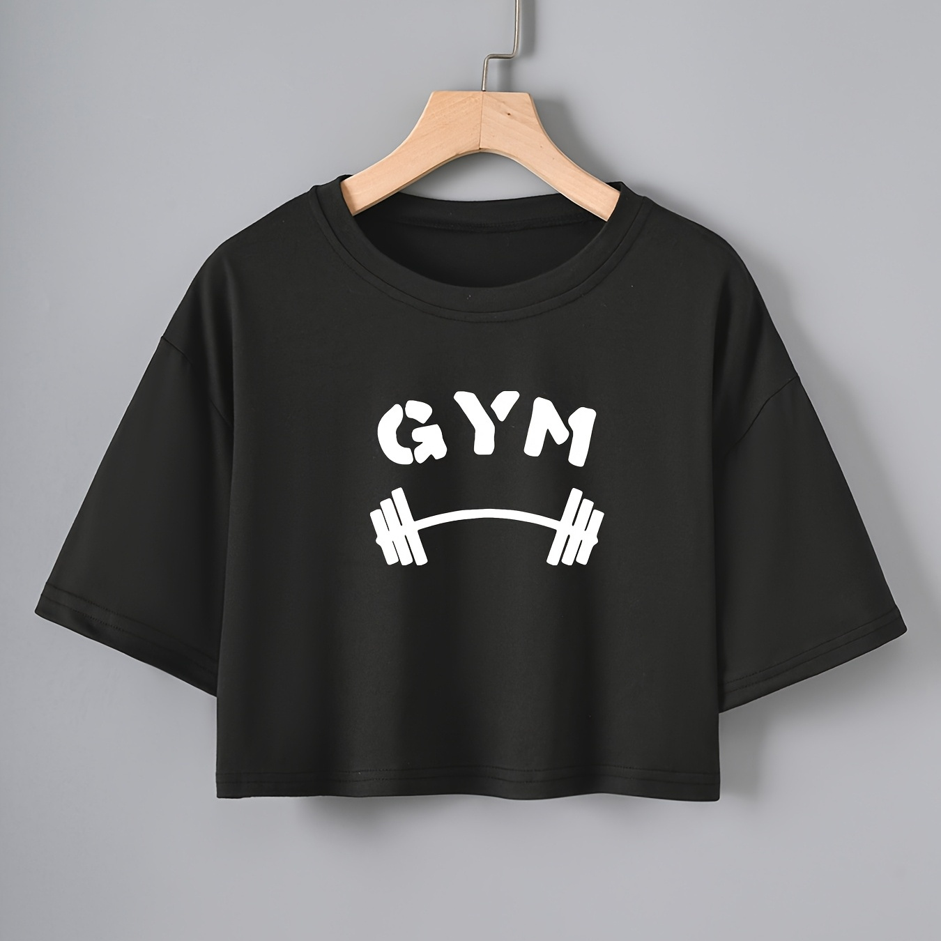 

Women's "gym" Graphic Tee - Casual & Loose-fit, Black Short Sleeve Crop Top With Dumbbell Print, Round Neck Running T-shirt, Polyester, Machine Washable