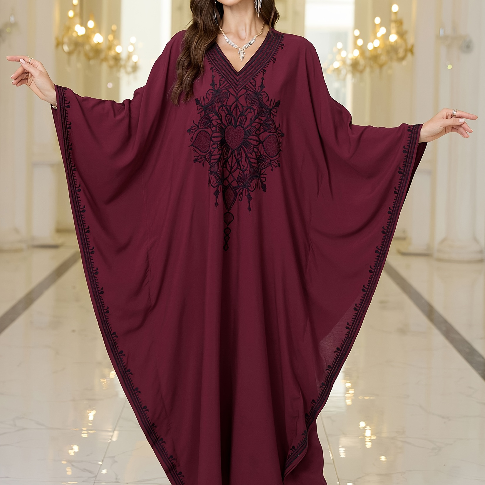 

Edolynsa Plus Size Moroccan Kaftan Dress - Elegant Batwing Sleeve, V-neck Maxi With Embroidery Detail For Weddings & Evening Events, 2024 Autumn, Long Sleeve, Luxury