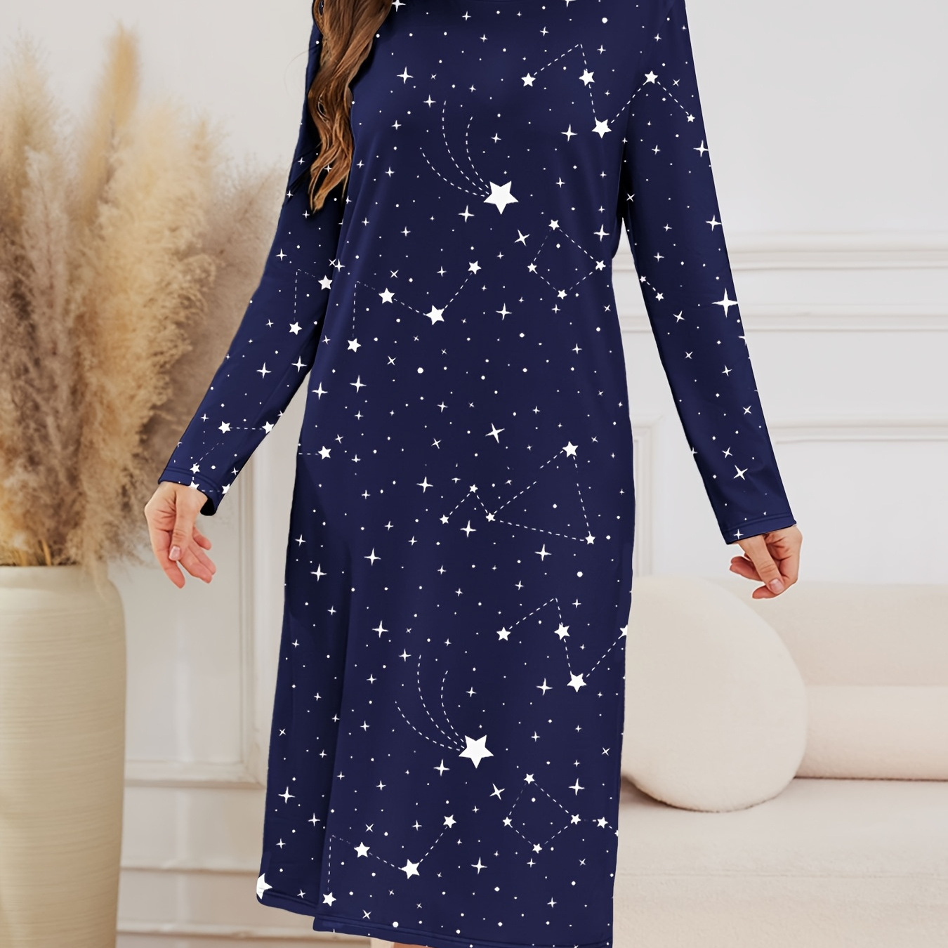 

Women' Print Long Sleeve Night Dress, Casual Crew Neck Knit Fabric Sleepwear, Thin Dress With 95% Polyester And 5% Elastane, 150gsm - Cozy And Comfortable