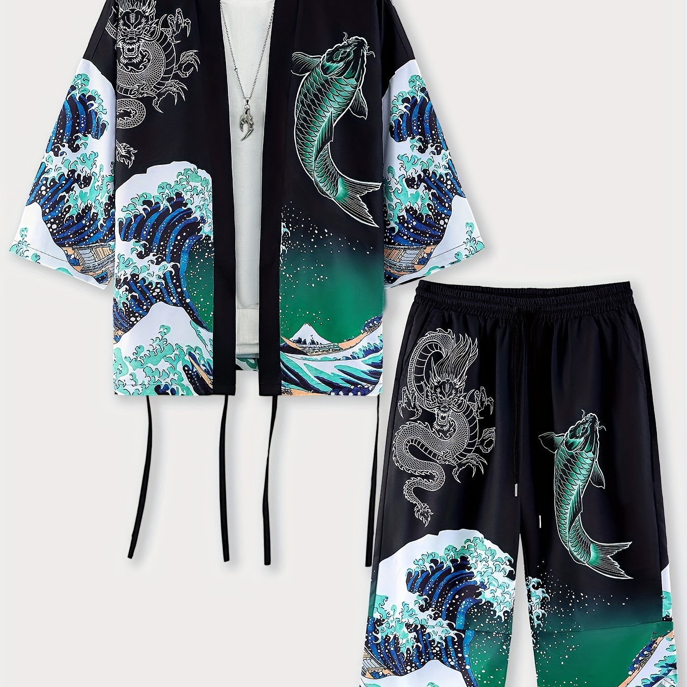 

Conjuess Men's Kimono Set With Fish & Dragon Design - Casual, Comfortable Polyester V-neck Cardigan & Shorts, Machine Washable, Summer Clothing