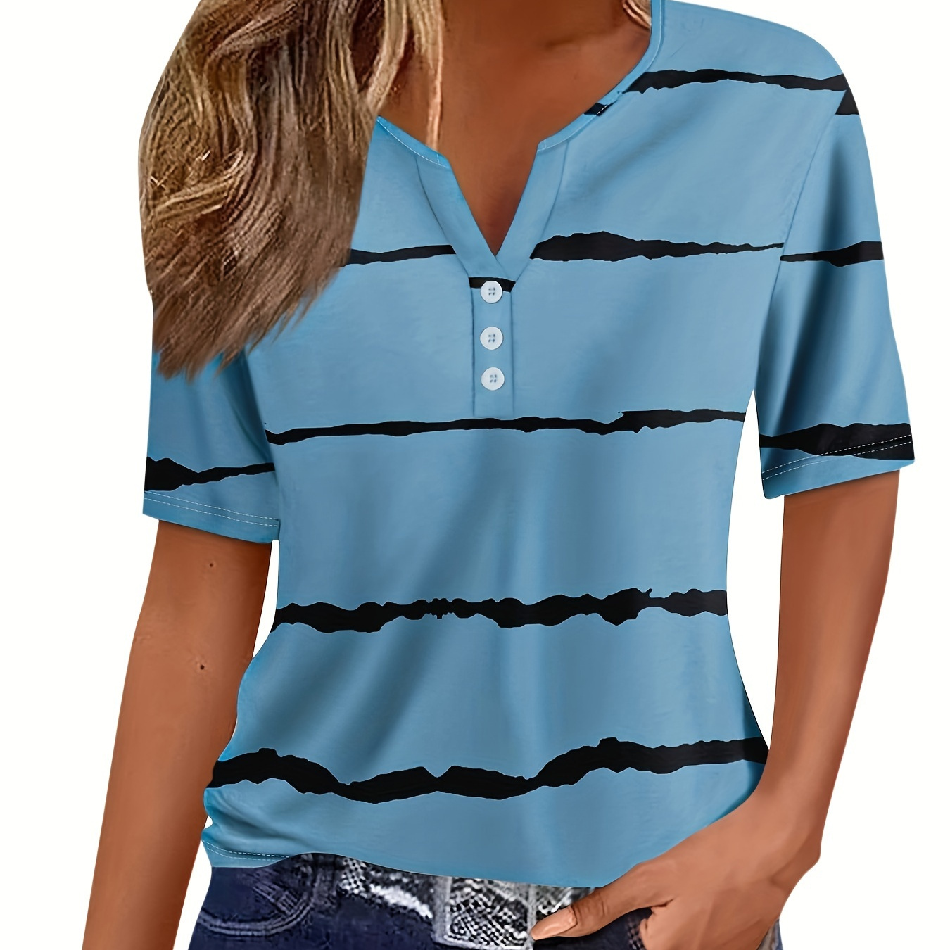 

Striped Print Notched Neck T-shirt, Casual Short Sleeve Button Front T-shirt For Spring & Summer, Women's Clothing