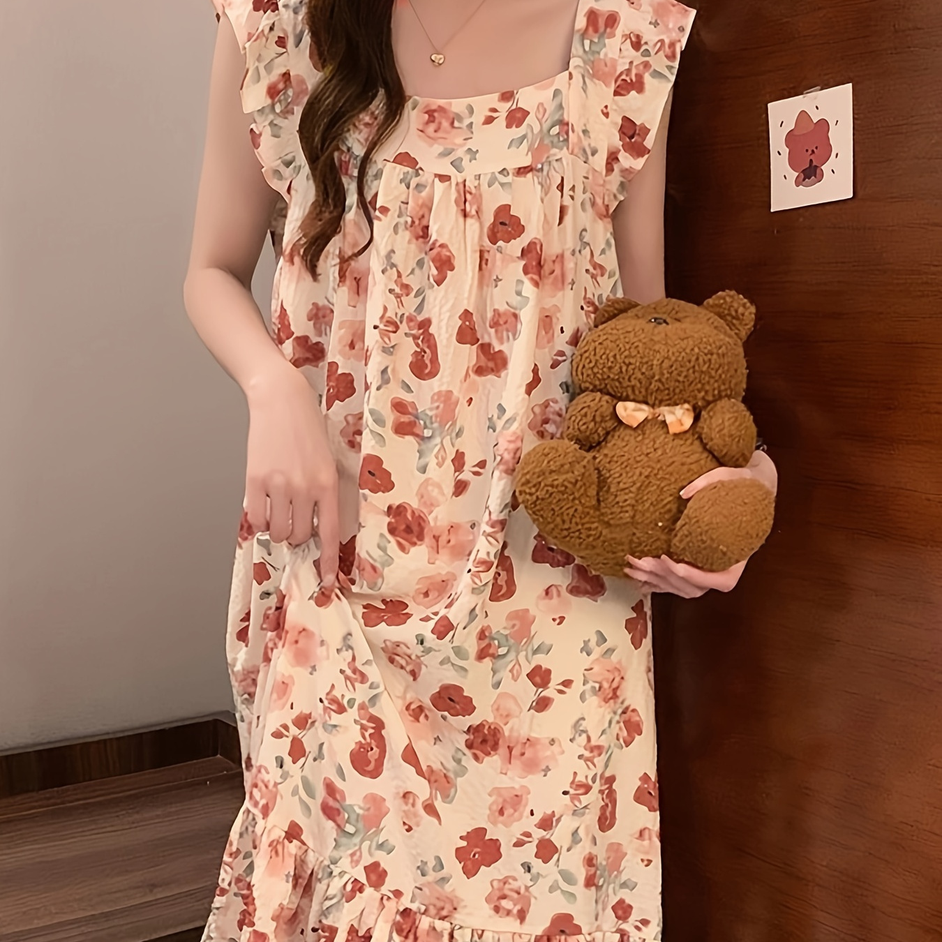 

Women's Floral Print Sweet Textured Sleepwear Dress, Bow Decor Cap Sleeve Square Neck Loose Fit Ruffle Hem Dress, Comfortable Nightgown