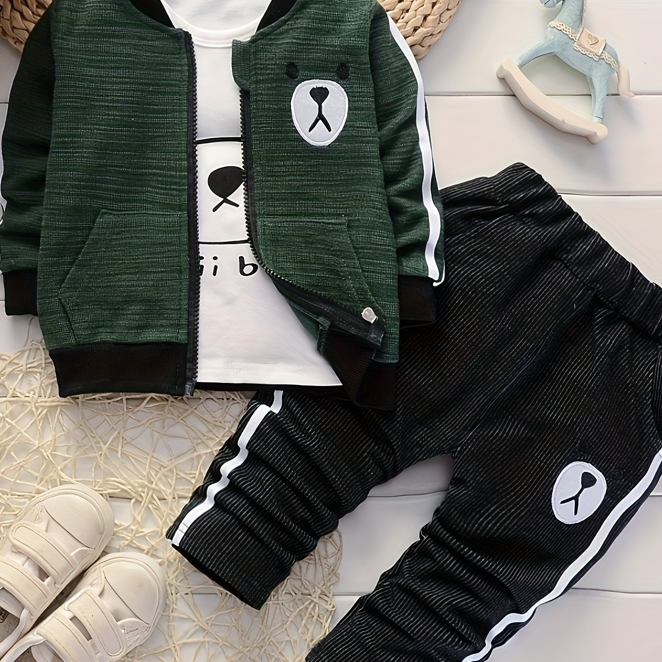 

3pcs Baby Boy's Cute Bear Print Casual Set, Varsity Jacket & Long Sleeve T-shirt & Pants, Baby's Clothing, As Gift
