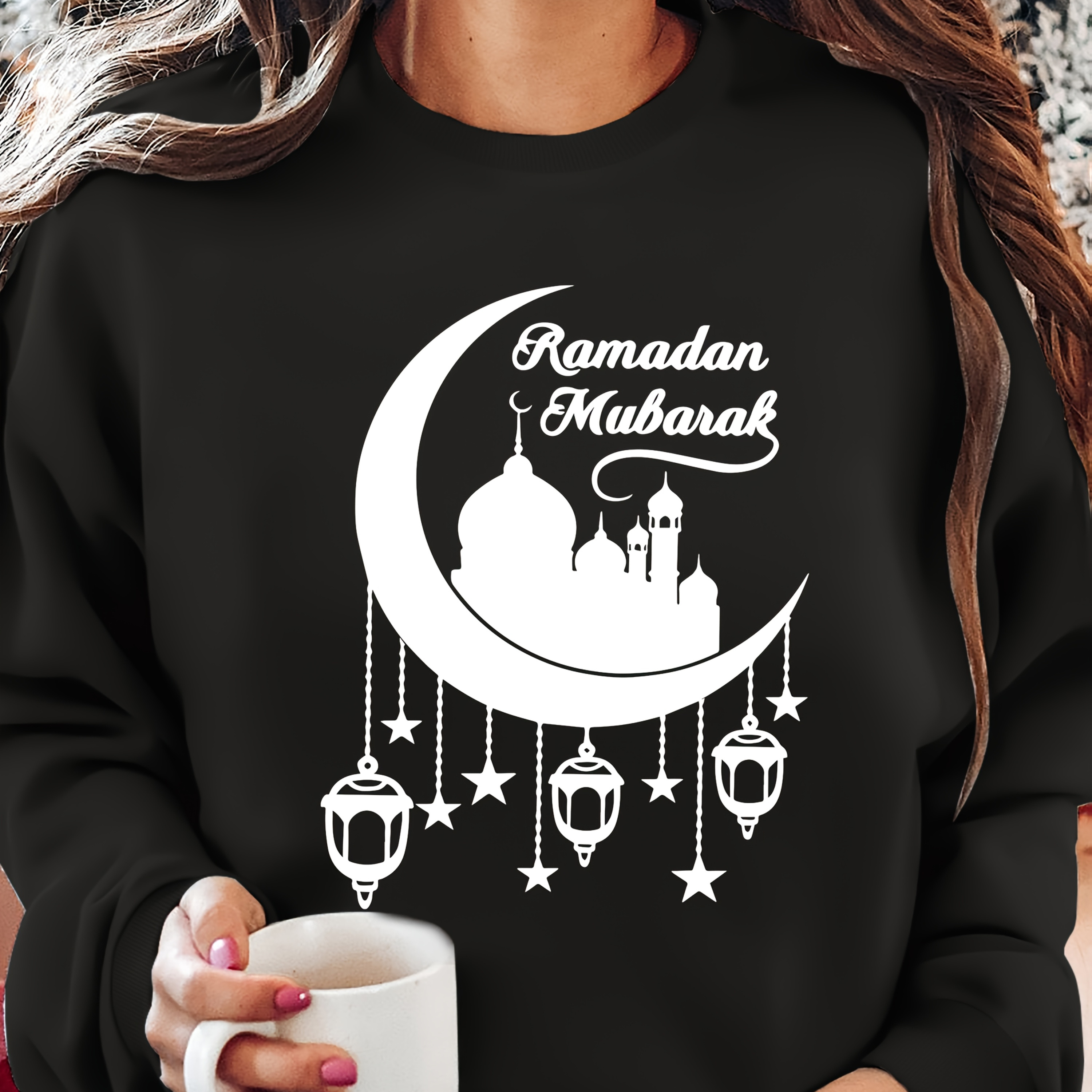 

1pc Ramadan Women's Casual Crew Neck Sweatshirt - Geometric Moon, Lantern, Mosque Print, Polyester Knit Fabric, Pullover Fashion Top