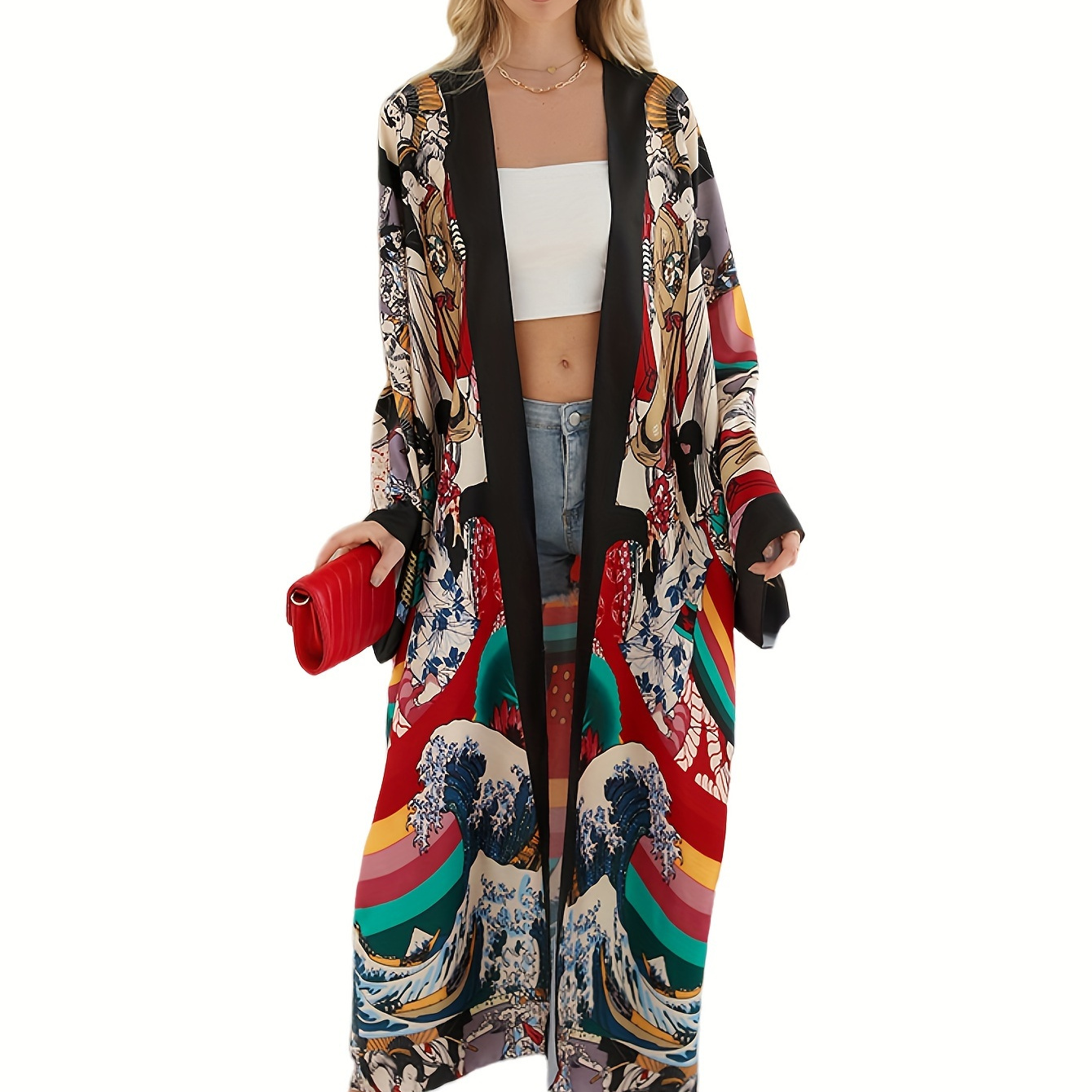 

1pc Bohemian Style Plus Size Kimono Cardigan - Tribal Print Polyester Beach Cover-up With Woven Fabric, Non-stretch Open Front Robe For Bikini