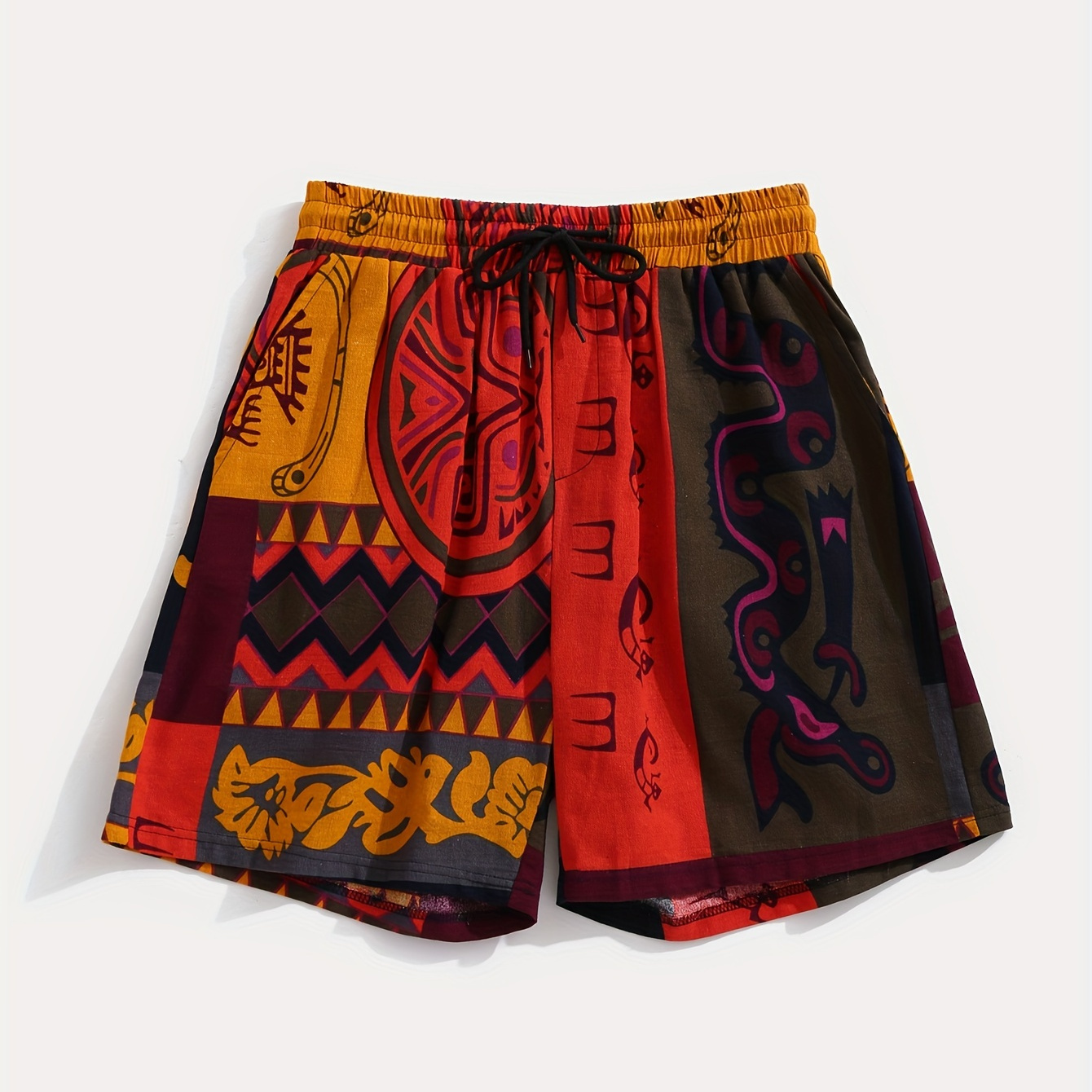 

Men's Casual Summer Shorts - Ethnic Print, Loose Fit With Drawstring Waist, Polyester, Machine Washable