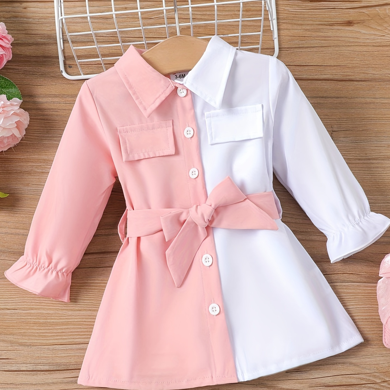 

Infant Baby Girl Stylish Dress Up, Lapel Single Breasted Belted Contrast Color Stitching Casual Dress For Spring And Autumn