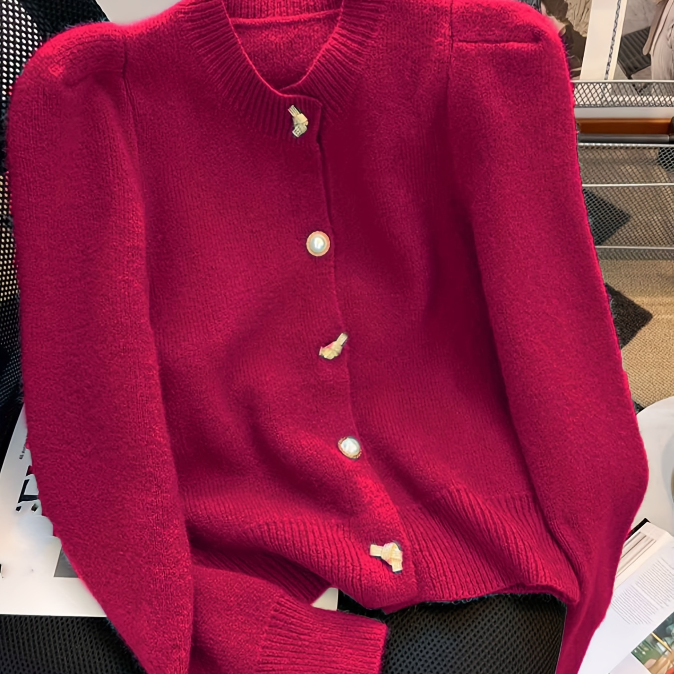 

Elegant -up Cardigan - Cozy Polyester Knit Sweater With Decorative Buttons, Round Neckline, Long Sleeves - Machine Washable, Fall/winter