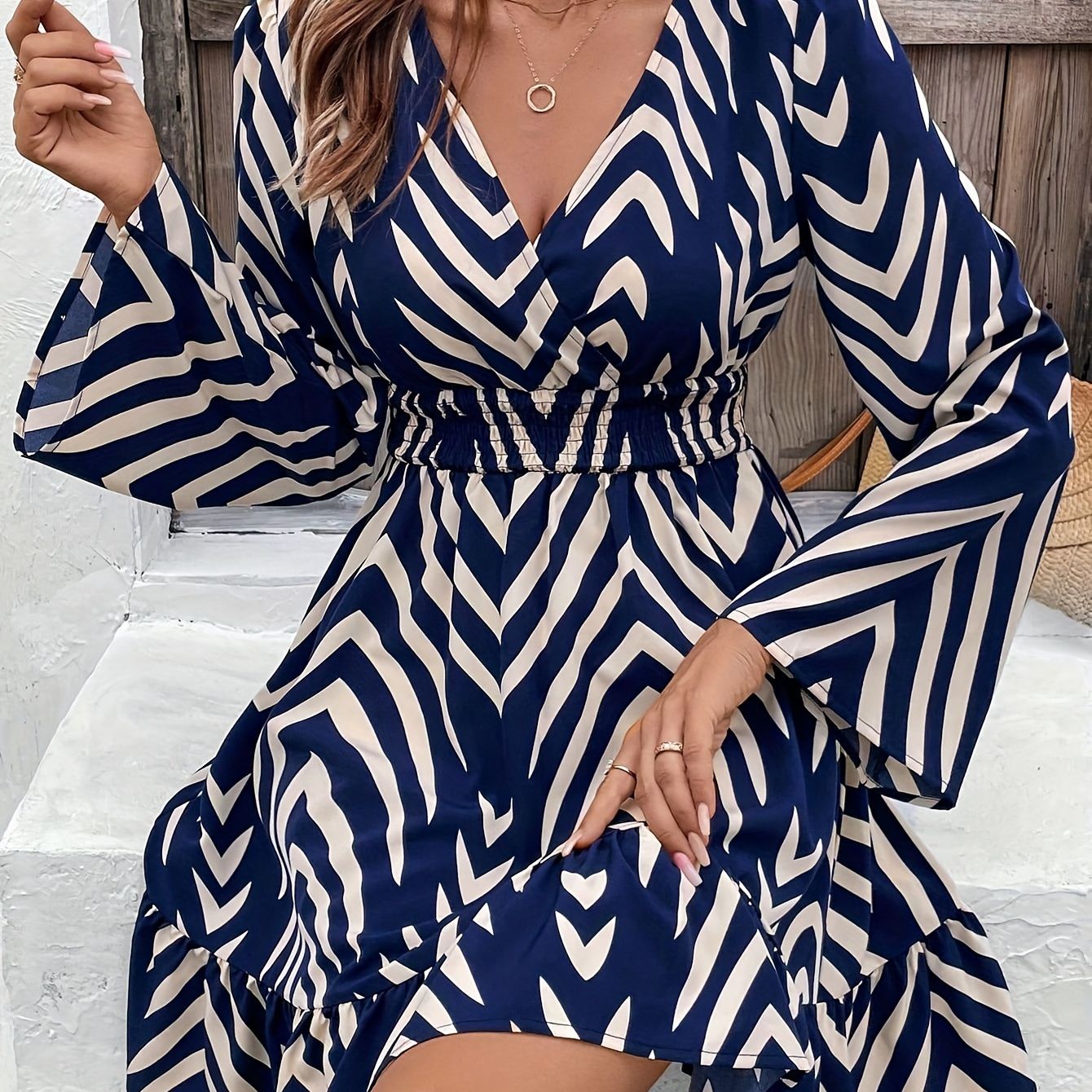 

Women's Elegant V-neck A-line Midi Dress, Polyester 100% Woven Fabric, Geometric Chevron Pattern With Detail, Casual Vacation Dress