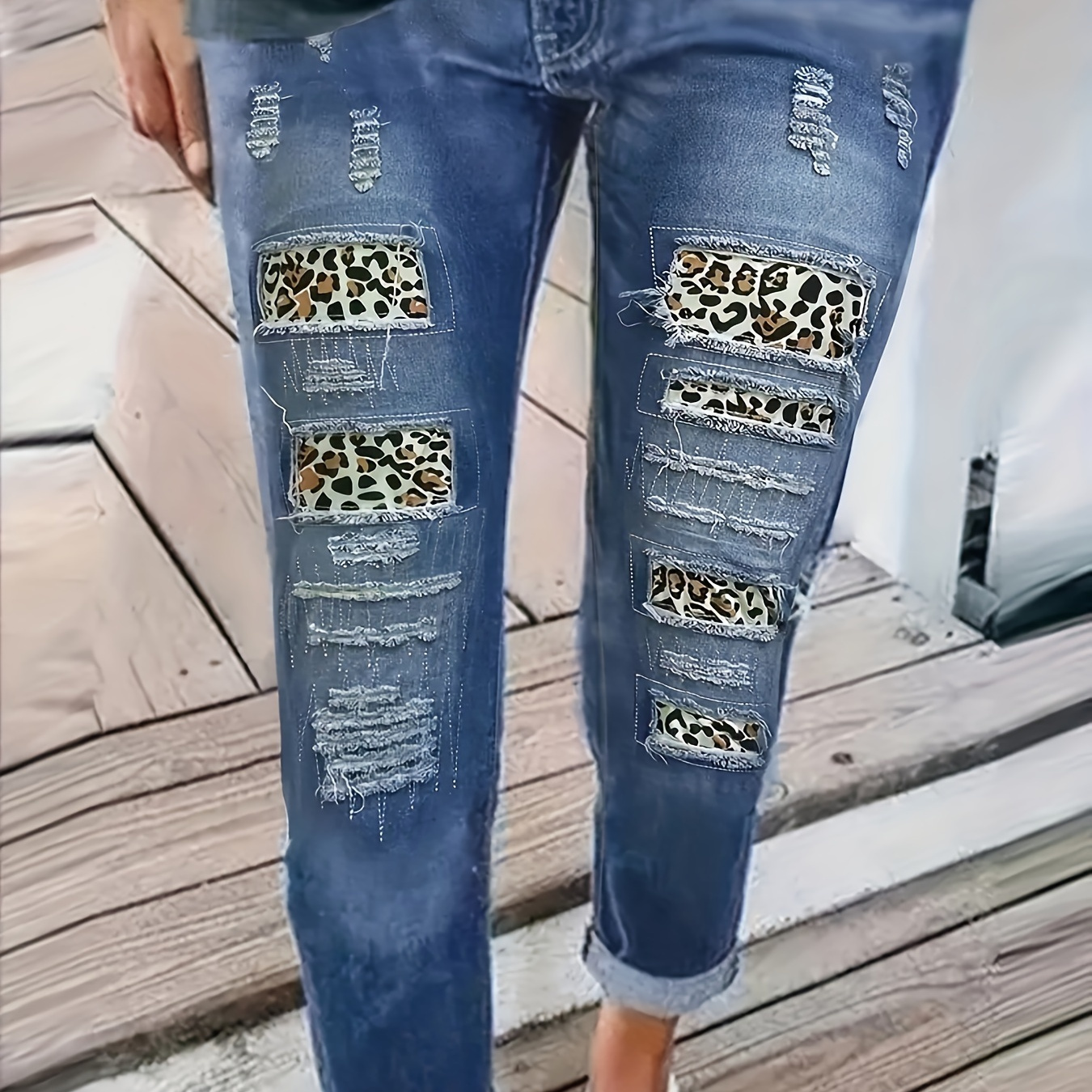 

Leopard Print Ripped Patchwork Skinny Fit Retro Style Jeans, Women's Denim Jeans & Clothing