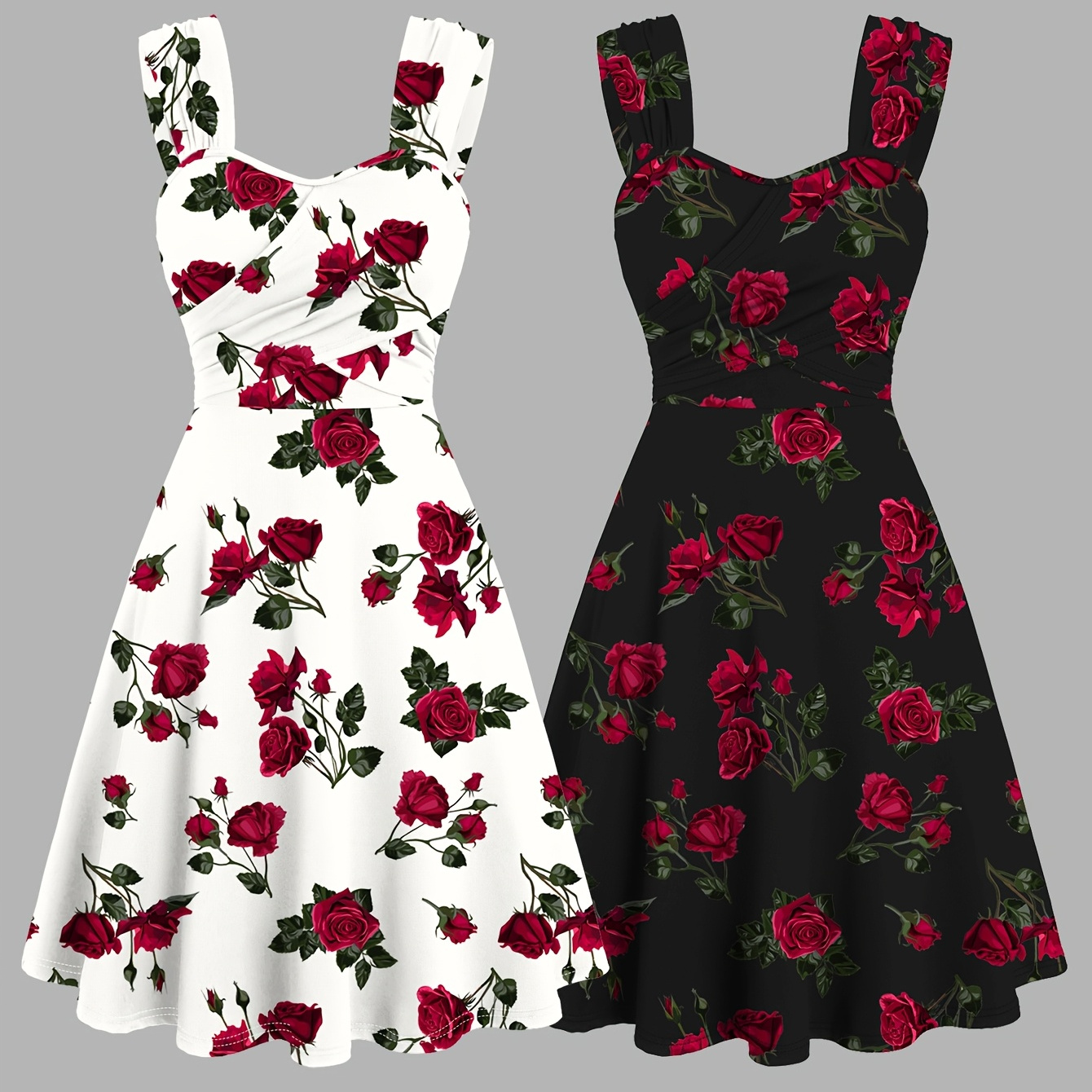 TEMU 2pcs Set Women's Rose Print Front Ruched Wide Strap Off-shoulder Elegant Casual Dress