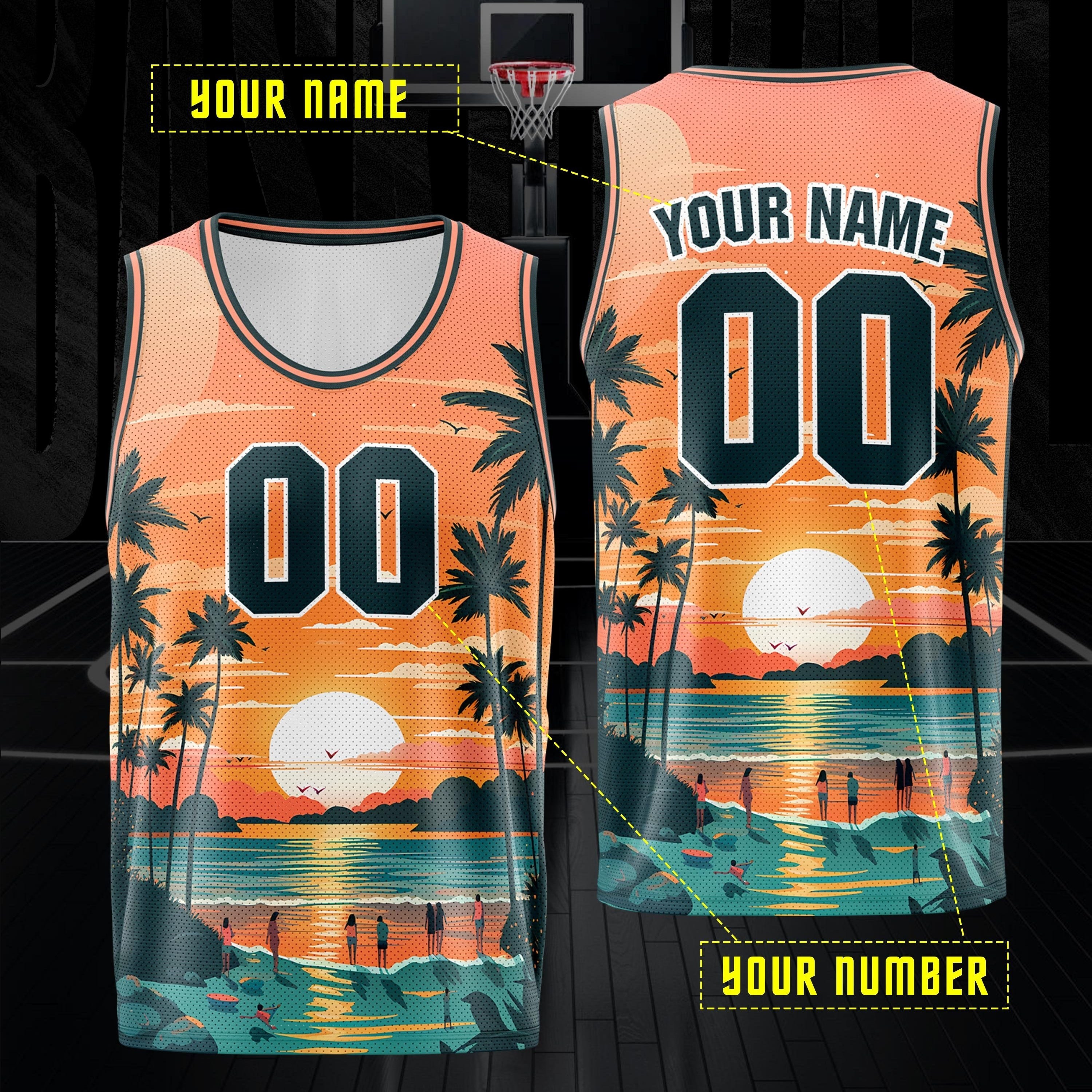 

Men's Customized Name & Number Basketball Tank Top, Comfort Fit Breathable Hawaiian Vibe Print Sportswear, Training Competition Clothing