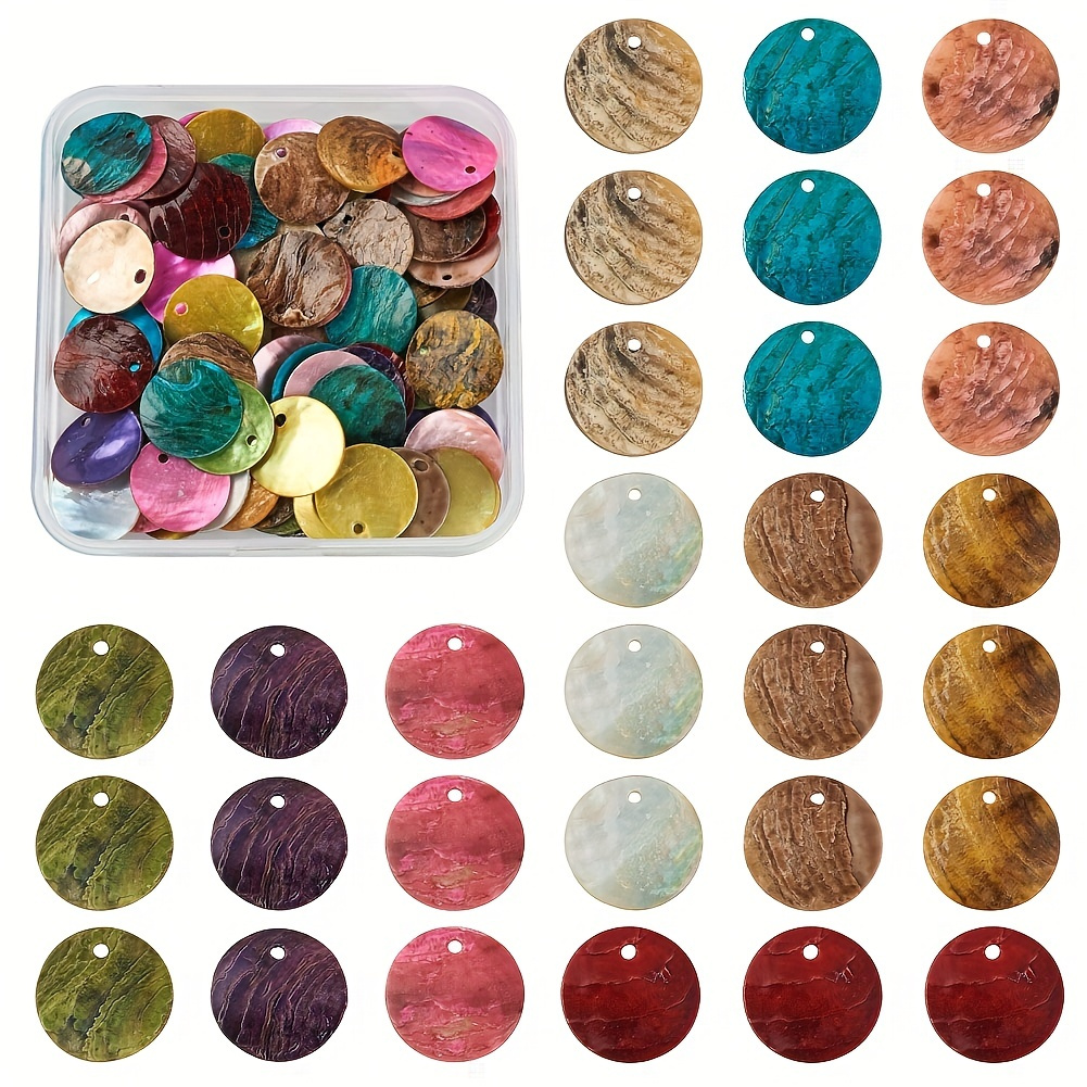 

100pcs 10 Colors Spray Paint Natural Akoya Shell Pendants Flat Round Patch Mixed Color Dia 0.59inch Charms With Hole (1.5mm) For Dangle Pendant Jewelry Making