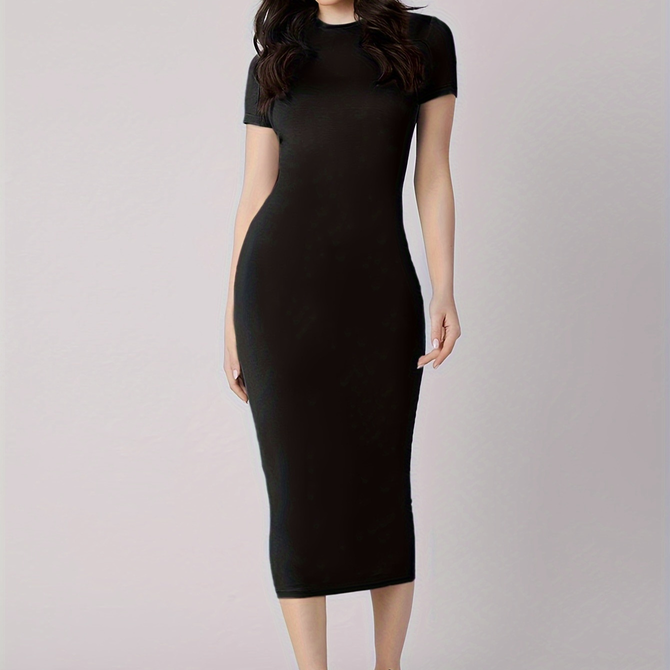 

Crew Neck Bodycon Solid Dress, Elegant Short Sleeve Dress For Spring & Summer, Women's Clothing