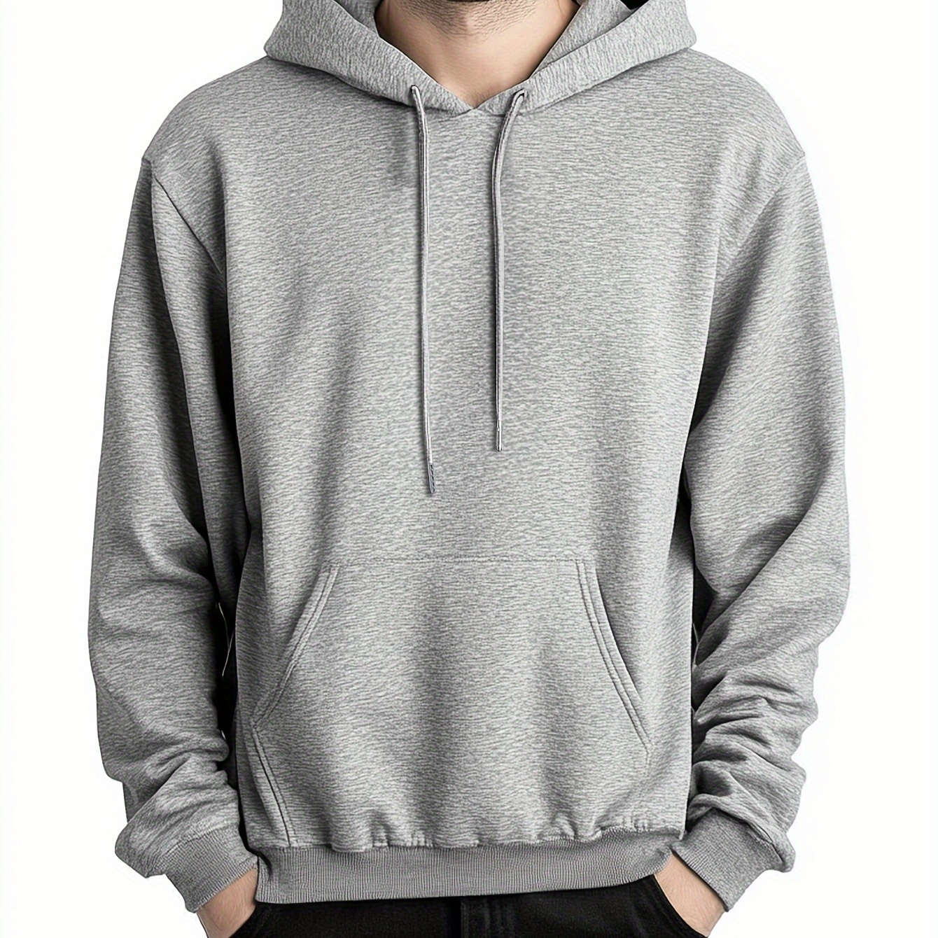 

Men' Color Hoodie - Cozy Pullover With Hood & Kangaroo Pocket, Light Gray Ribbed Texture, Adjustable Drawstrings, Spring, Fall & Casual Attire