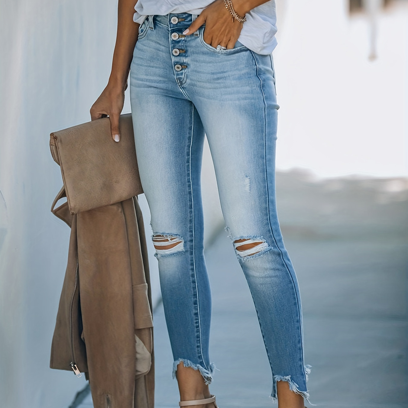 

Ripped Light Wash Jeans, High-rise Cropped & Ripped Raw Hem Skinny Jeans, Casual & Trendy Pants, Women's Clothing & Denim