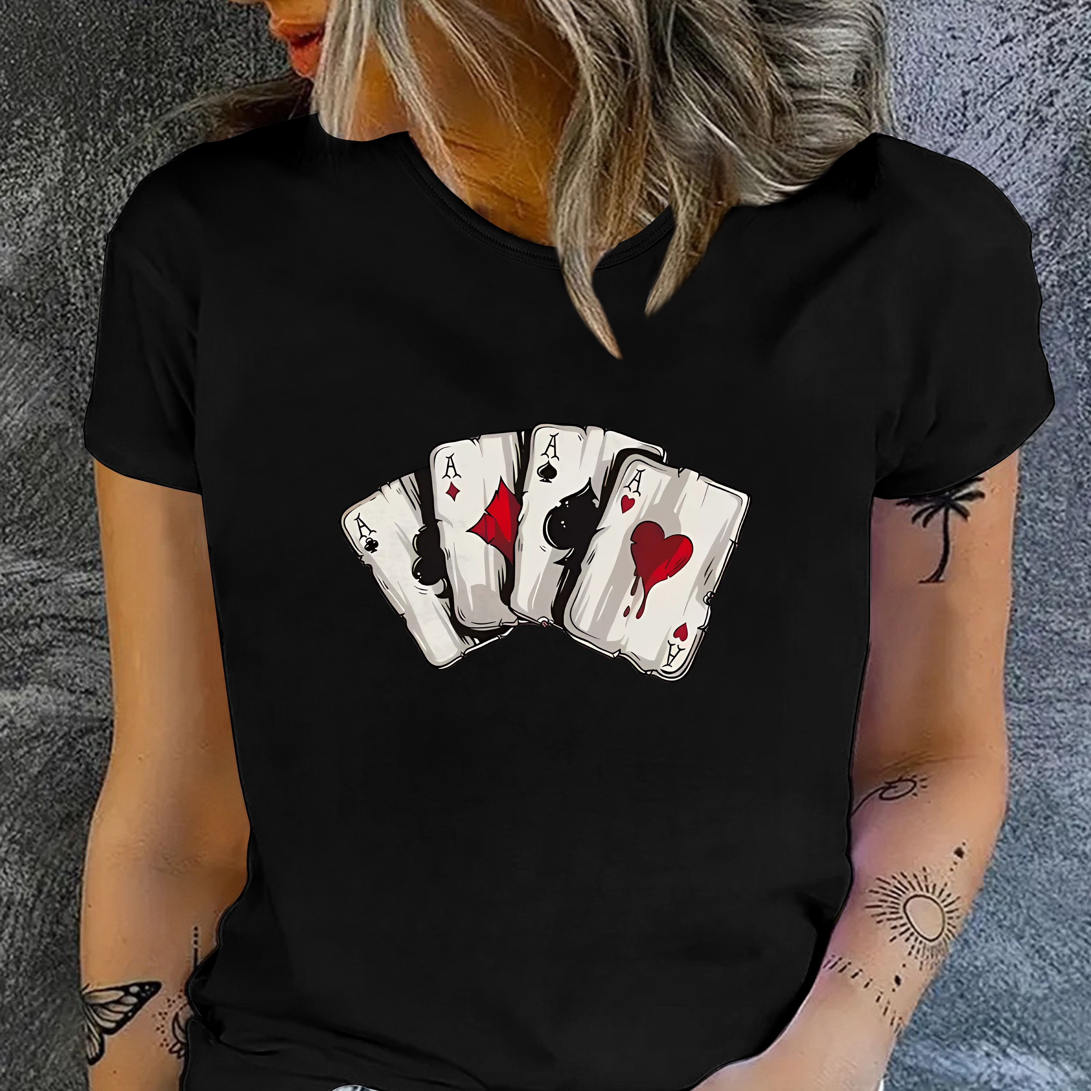 

Poker A Print T-shirt, Short Sleeve Crew Neck Casual Top For Summer & Spring, Women's Clothing