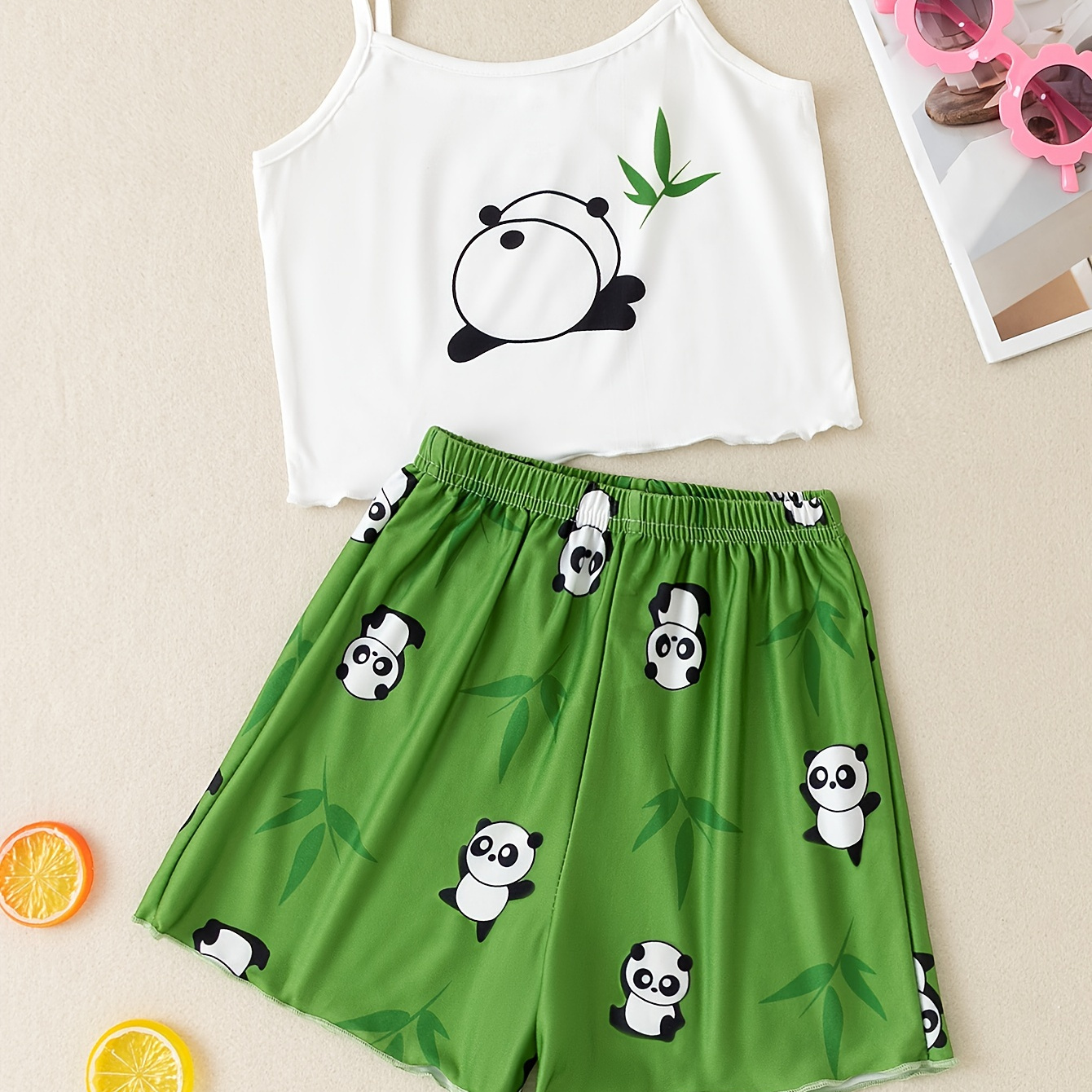 

2 Pcs Girls Cute Pajama Sets, Panda Bamboo Print Suspenders & Shorts, Comfortable & Cute Style Princess Pajamas For Girls Cozy Loungewear