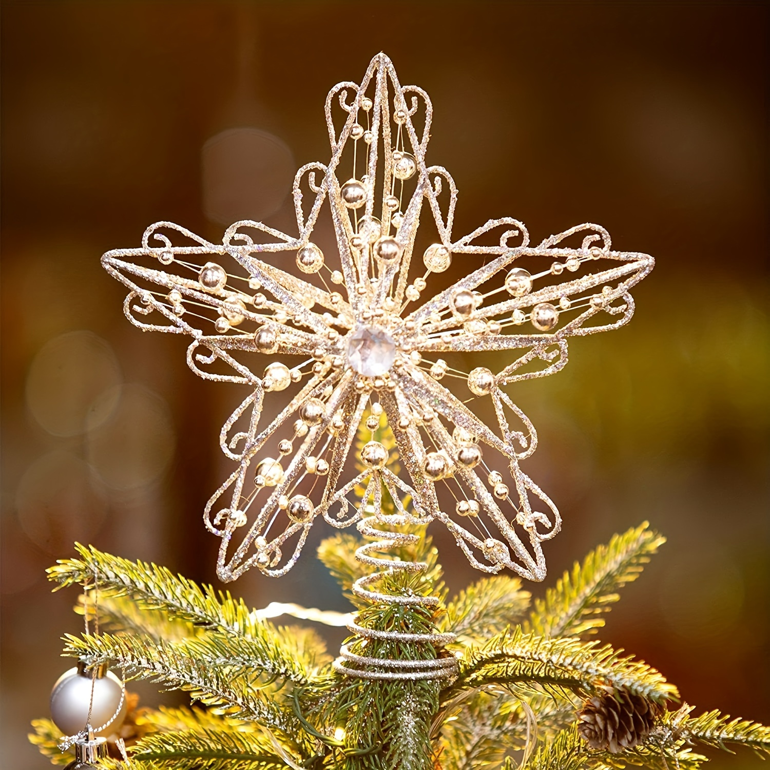 Christmas Tree Topper Star, Star Treetop with Bowknot Pine Needles