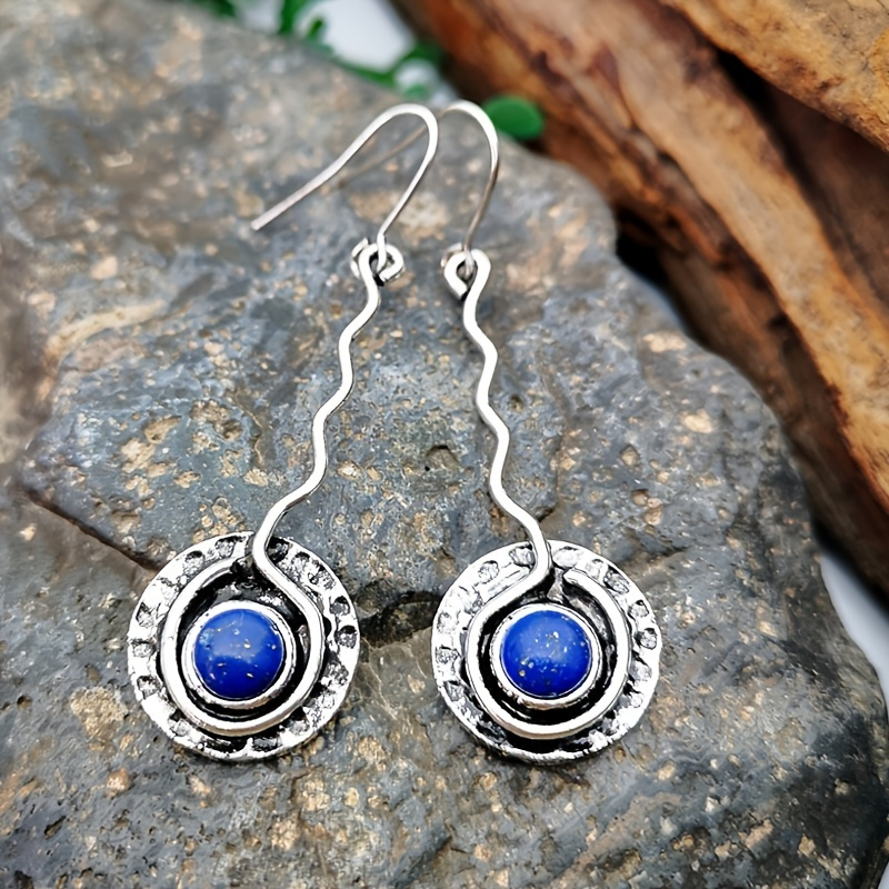 

Vintage Handmade Curved Inlaid Blue Faux Gemstone Earrings Blue Lapis Lazuli Ear Jewelry For Women