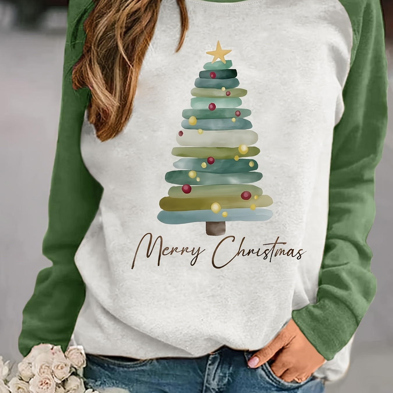 

Christmas Tree Print Pullover Sweatshirt, Casual Long Sleeve Crew Neck Sweatshirt For Fall & Winter, Women's Clothing