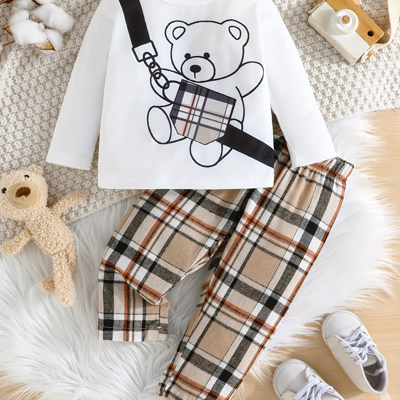 Baby Boys Popular Bear Graphic Trendy Outfit - Long Sleeve Top Trousers, Pants Set for Spring and Autumn,Temu
