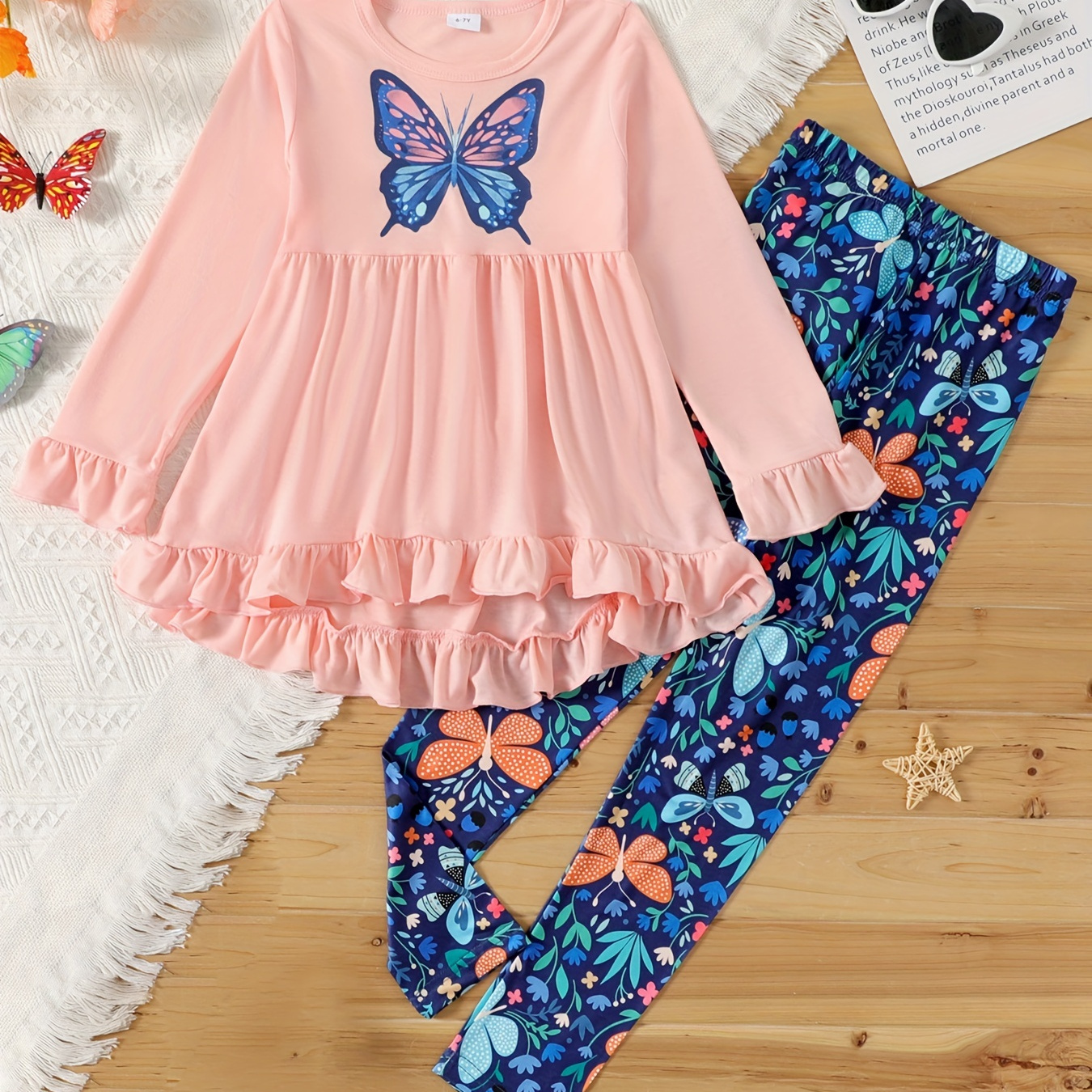 

2pcs Kid Girl Cute Butterfly Print Ruffled Curved Hem Round Neck Long-sleeve Top And Leggings Set For Spring & Autumn/fall