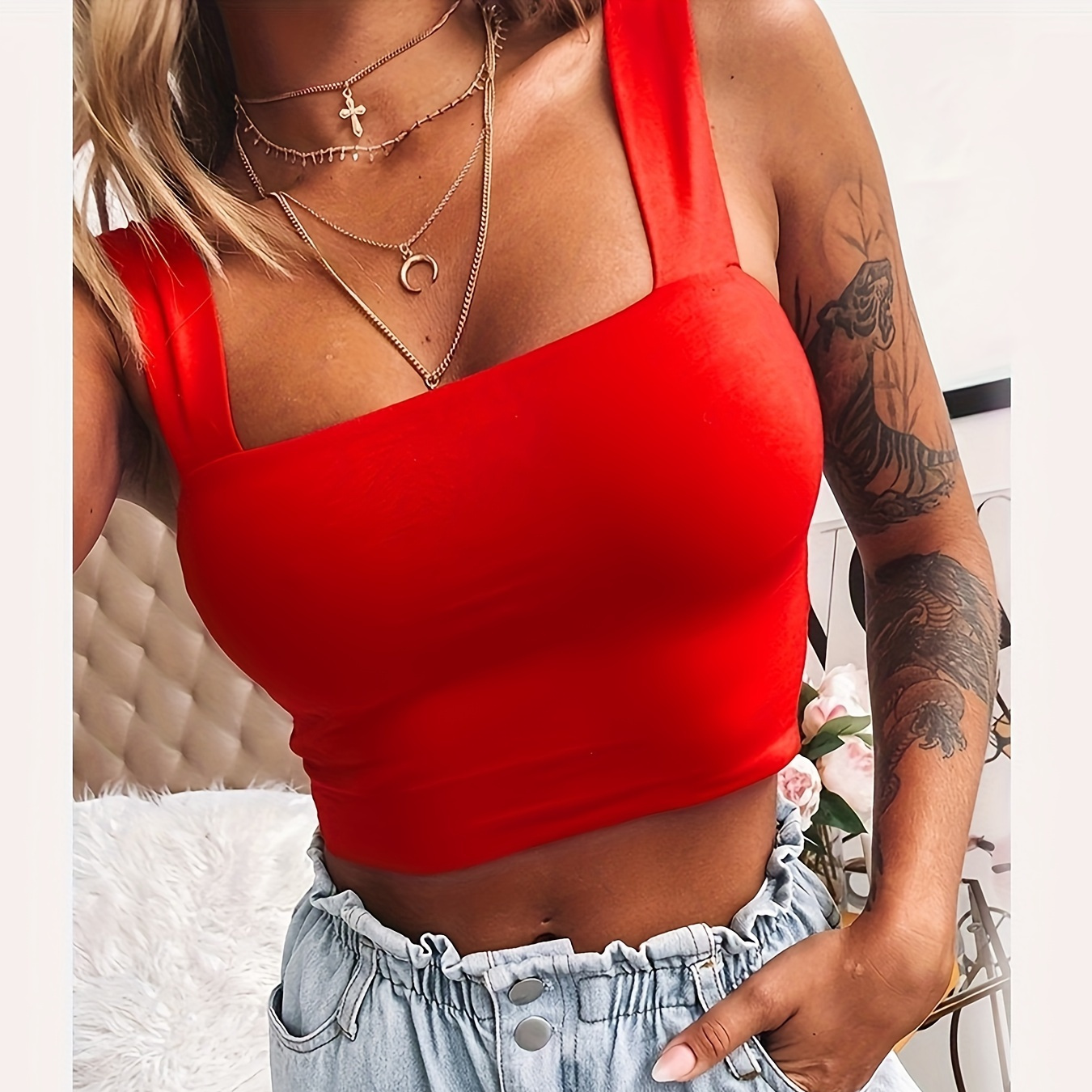 

Solid Crop Tank Top, Sleeveless Casual Every Day Top For Summer & Spring, Women's Clothing