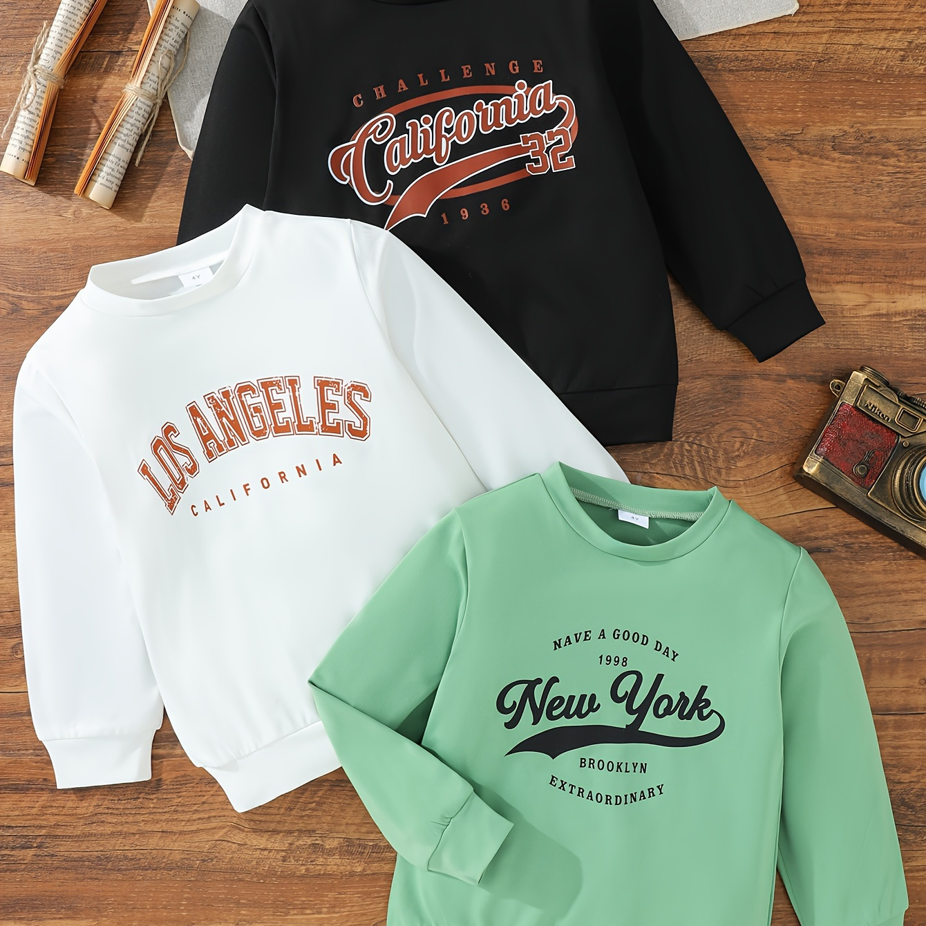 

3pcs Boys' Vintage-inspired Athletic Sweatshirts - Breathable, Casual Crew Neck Tops For All