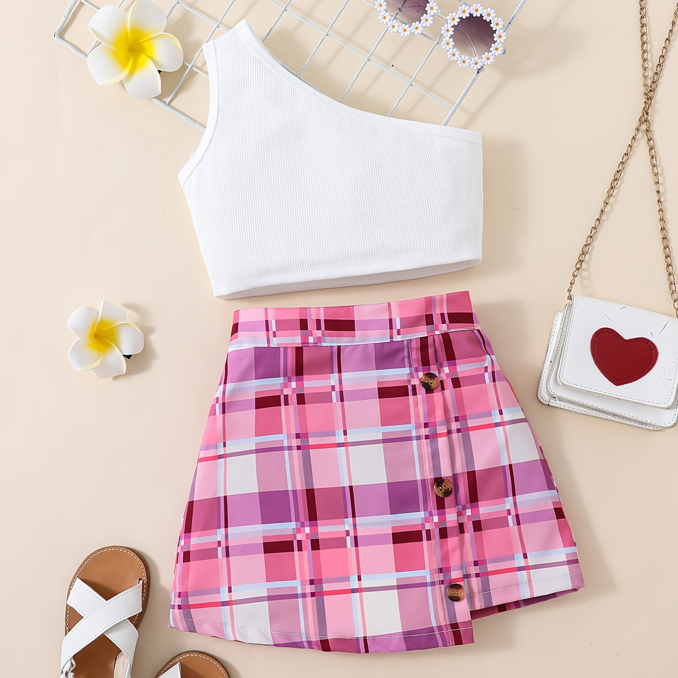 

2pcs Toddler Girls 1 Shoulder Ribbed Crop Tops & Plaid Button Skirt Set Kids Summer Clothes
