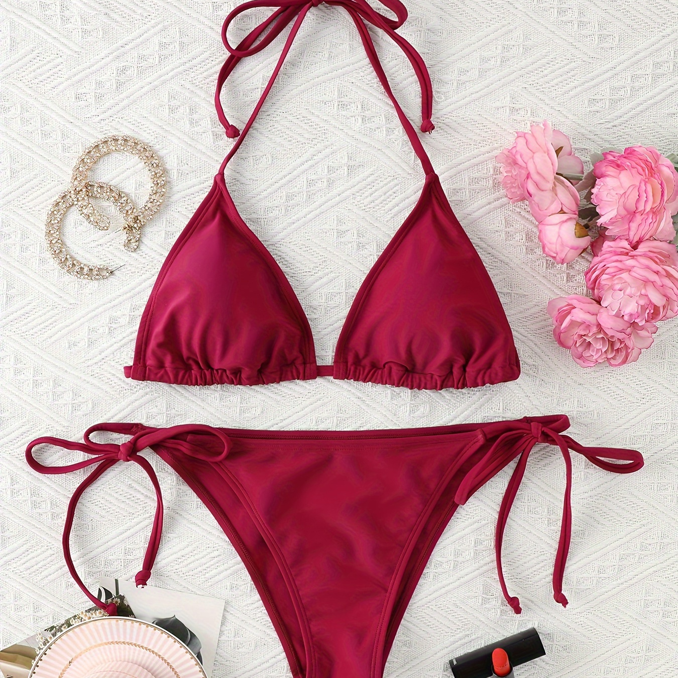 

Ensemble Bikini 2 Pièces Avec Triangle Uni, Haut de Maillot de Bain Dos Nu À En V Et Dos À , Bas de Maillot de Bain Taille Haute À Sur Le , Maillots de Bain Et Vêtements Pour Femmes