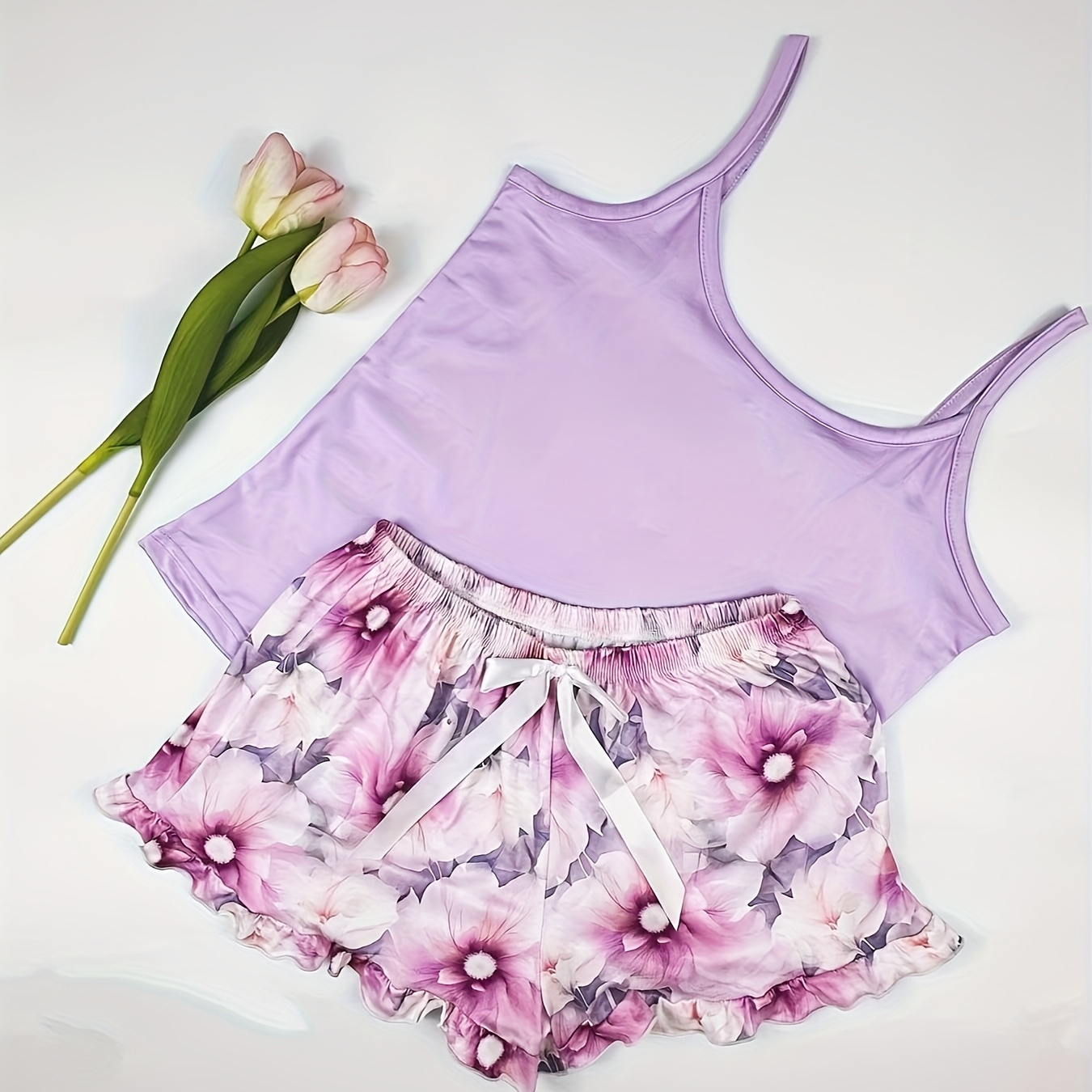 

2pcs Set Of Elegant And Large Floral Pattern Women's Pajamas With Suspender Top And Lace-trimmed Shorts