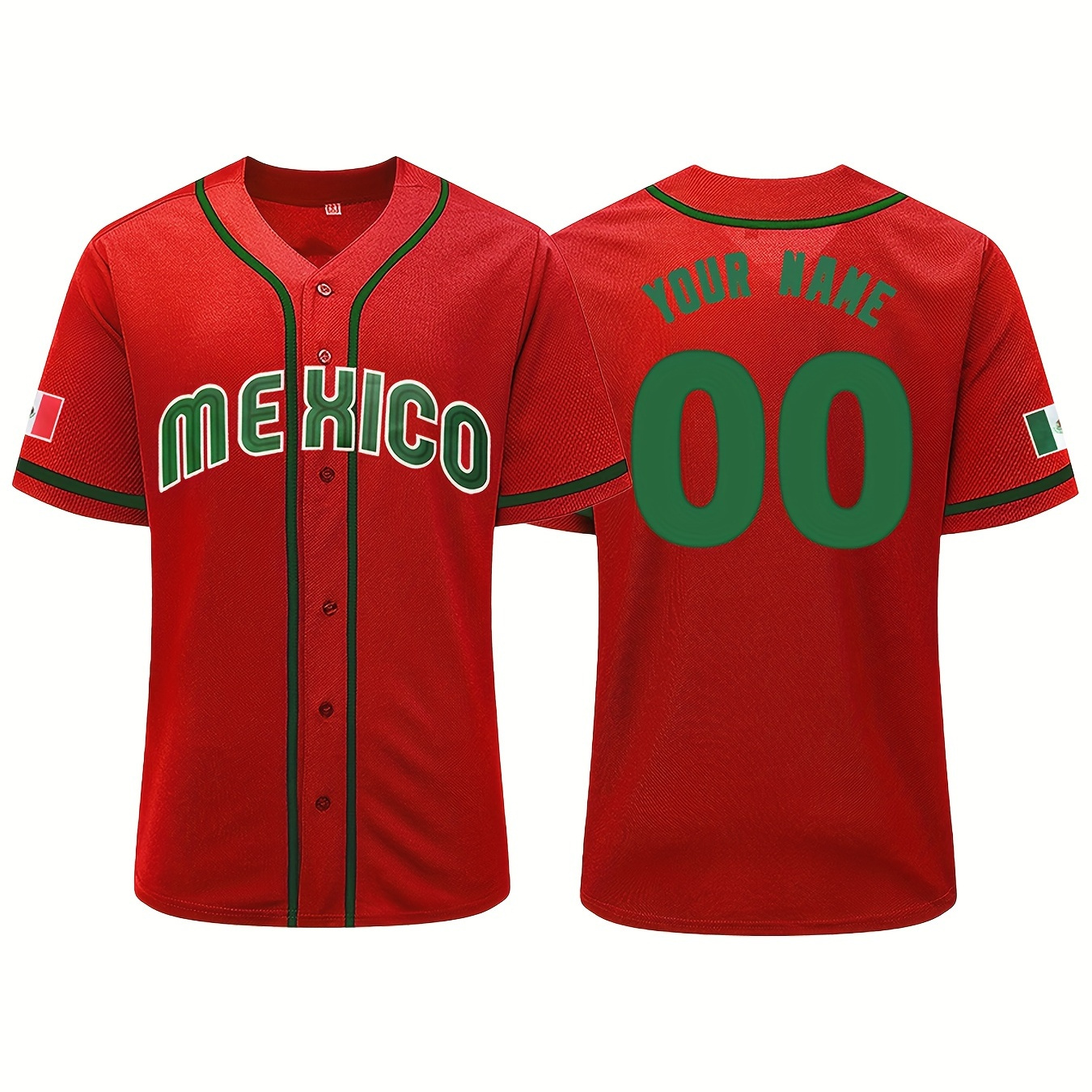 

Men's "mexico" Pattern, Customized Name And Number Print Short Sleeve And Button Down Baseball Jersey, Casual And Chic Tops For Summer Outdoors And Sports Wear