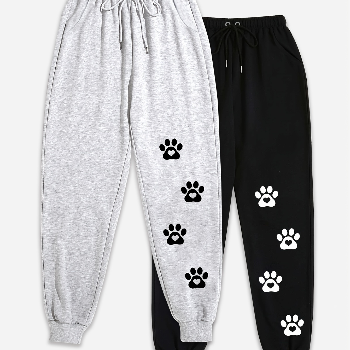 

Dog Foot Print Sweatpants 2 Pack, Drawstring Waist Comfy Casual Jogger Pants For Fall & Winter, Women's Clothing