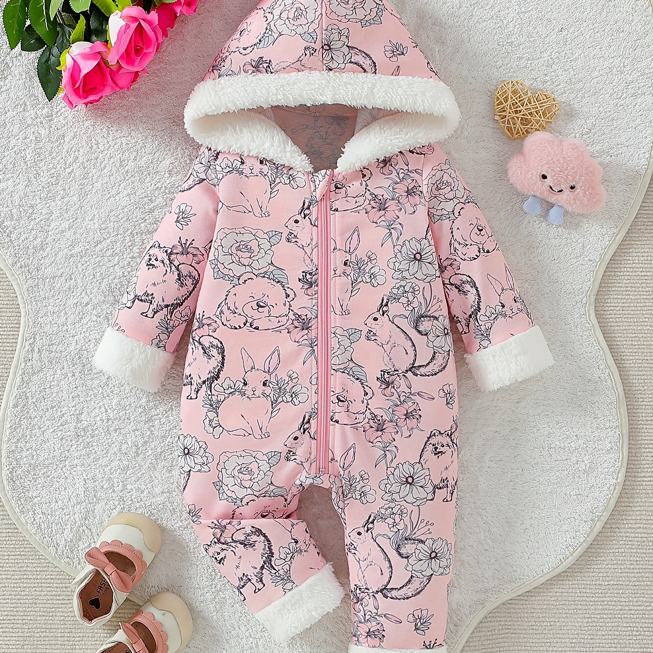 

Baby's Cartoon Bear Bunny Flower Print Hooded Bodysuit, Casual Zip Up Long Sleeve Romper, Toddler & Infant Girl's Onesie For Spring Fall, As Gift