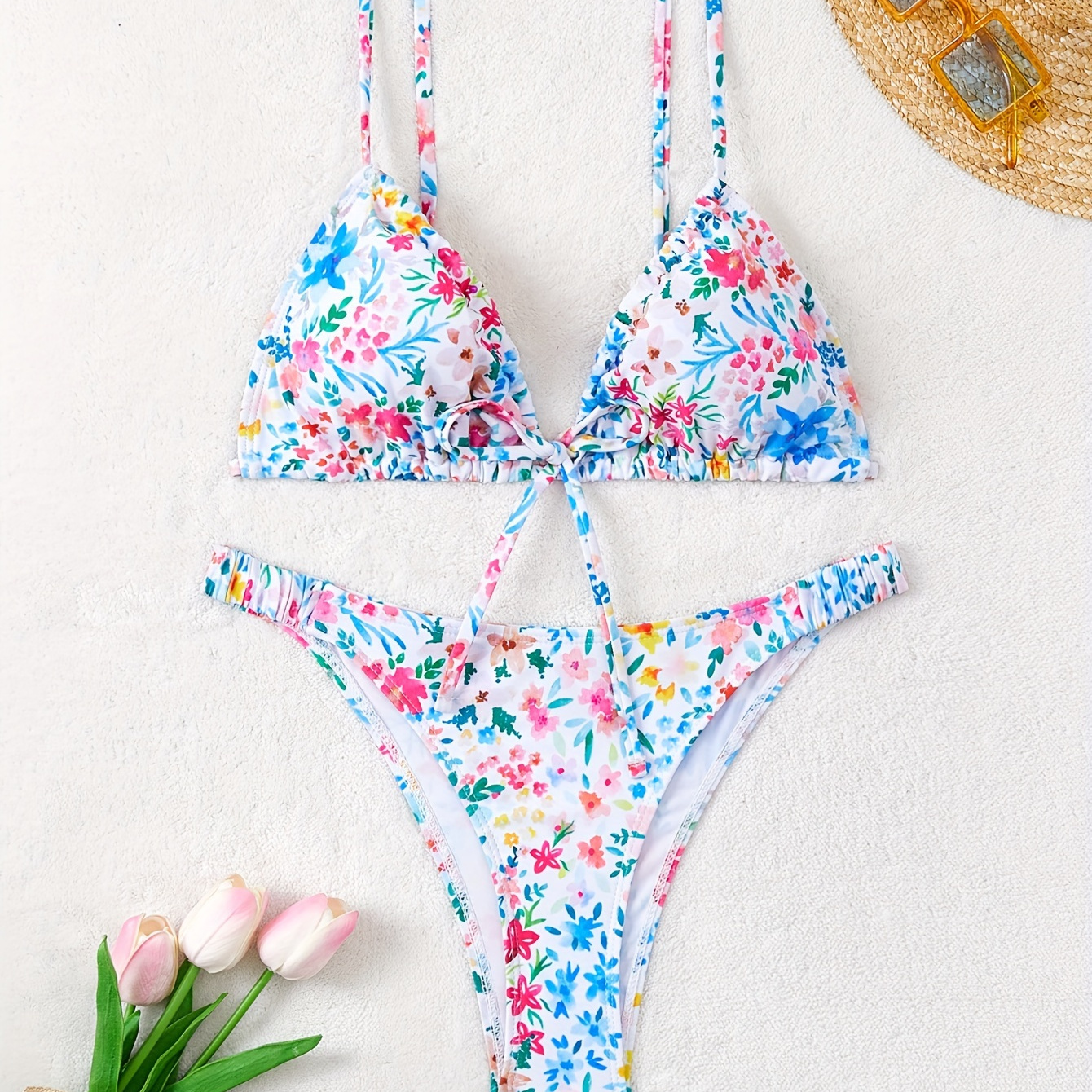 

Floral Pattern Triangle 2 Piece Set Bikini, V Neck Tie Back Backless High Cut Swimsuits, Women's Swimwear & Clothing