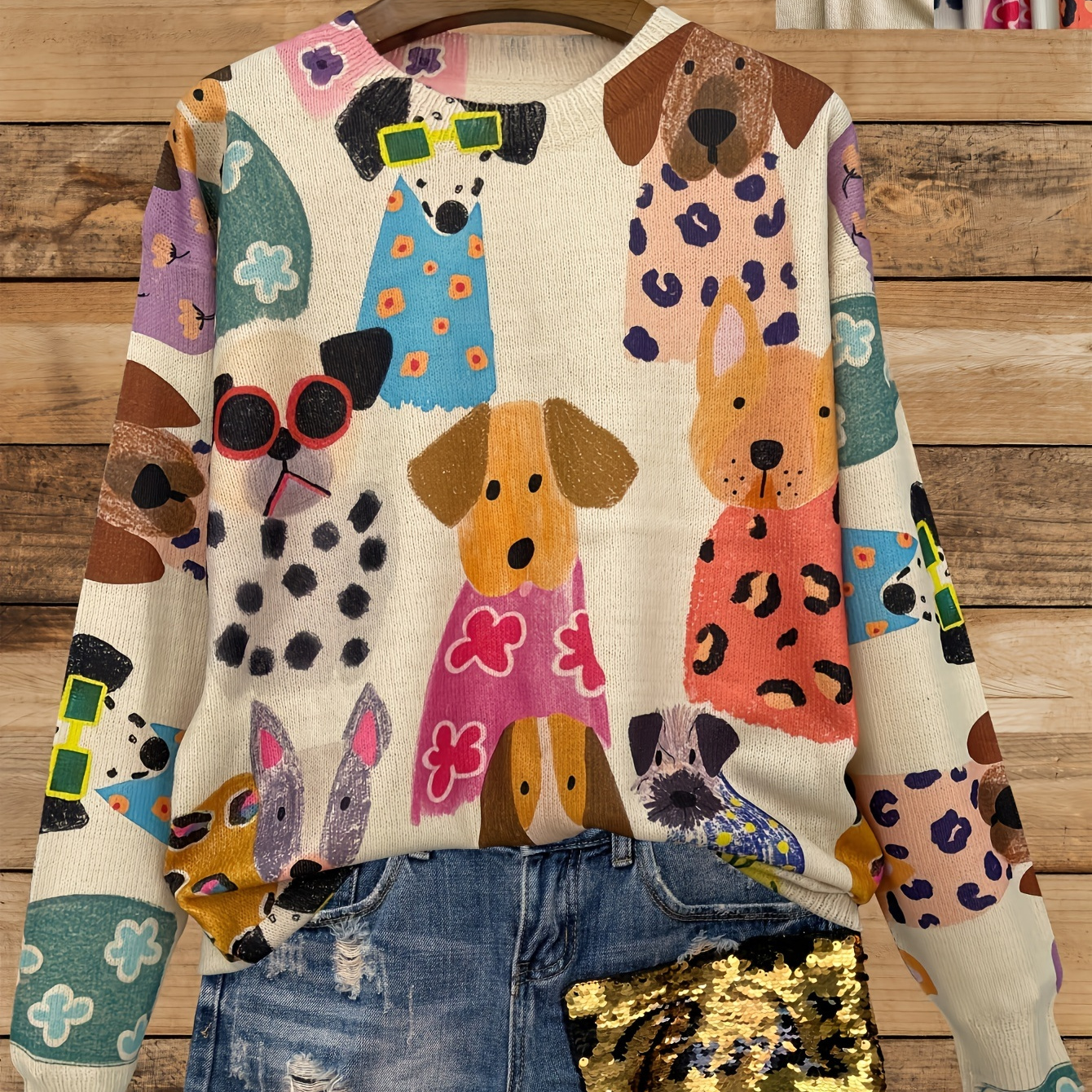 

1pc Women's Casual Crew Neck Long Sleeve Sweater - Cartoon Dog Pattern, Polyester Knit Fabric, All-, Slight Stretch, Regular Fit, Regular Length - All Fashion Top