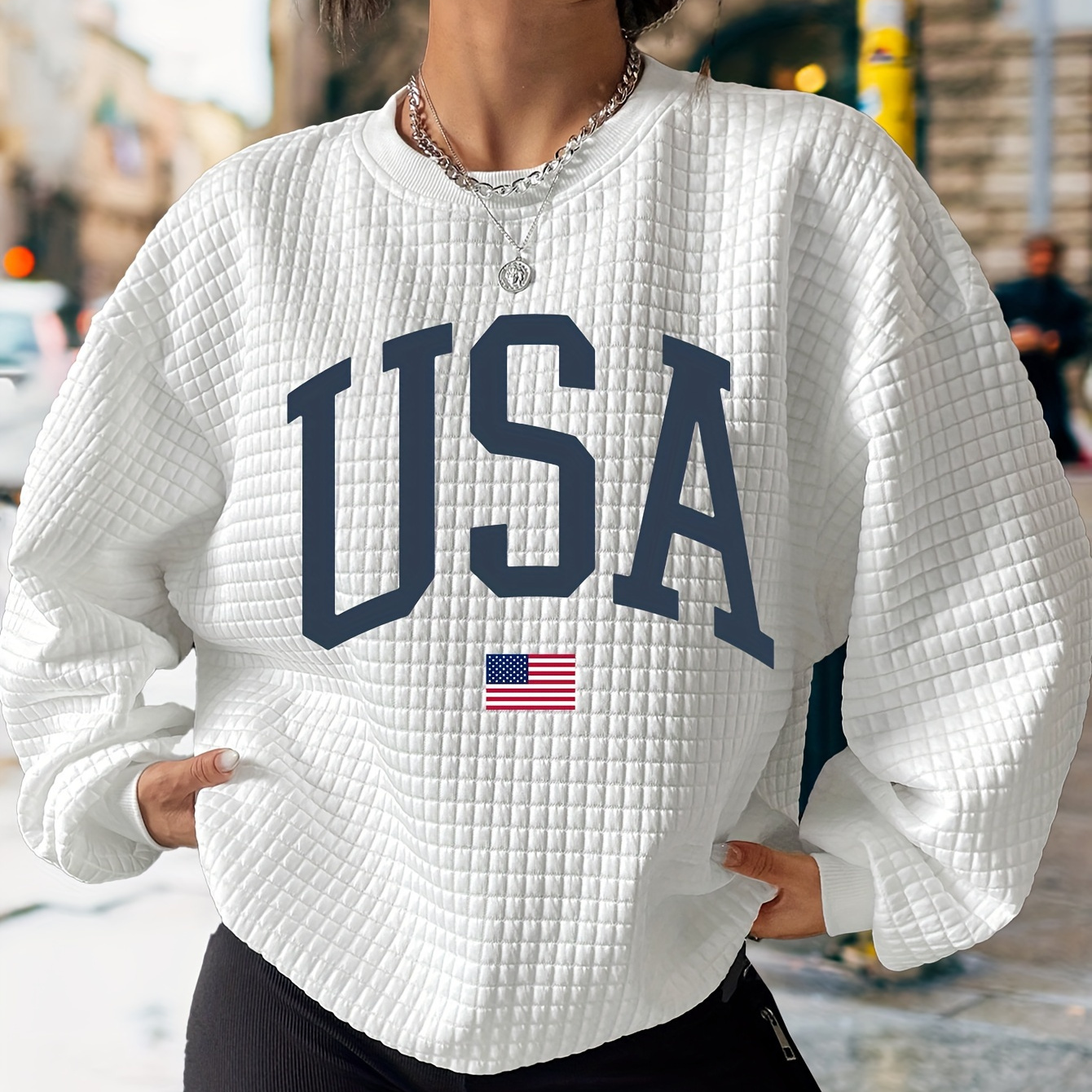 

Independence Day Letter Print Waffle Sweatshirt, Casual Long Sleeve Crew Neck Sweatshirt For Winter & Fall, Women's Clothing