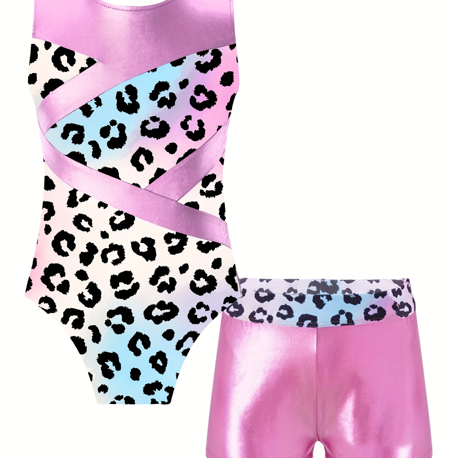 

Girls 2pcs Splicing Leopard Print Gymnastics Outfits Sleeveless Romper Top + Shorts Set For Sports Gift