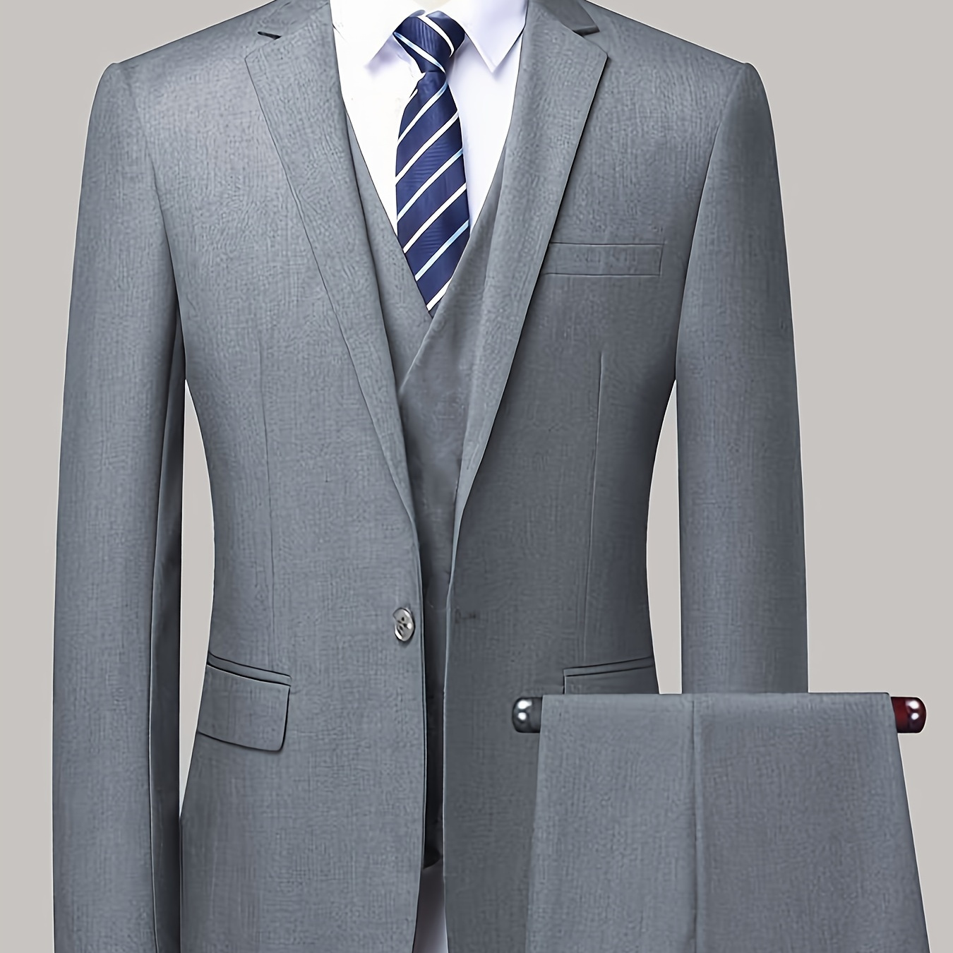 

Elegant Men' Gray Business Suit Set - One-button Blazer With Matching Pants, Polyester, Machine Washable - Ideal For Weddings, Formal Dinners & Commuting