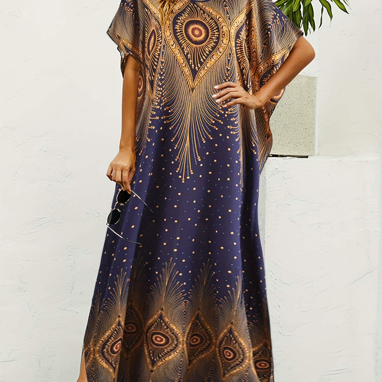 

Ramadan Tribal Graphic Print Crew Neck Modest Dress, Boho Batwing Sleeve Maxi Dress, Women's Clothing
