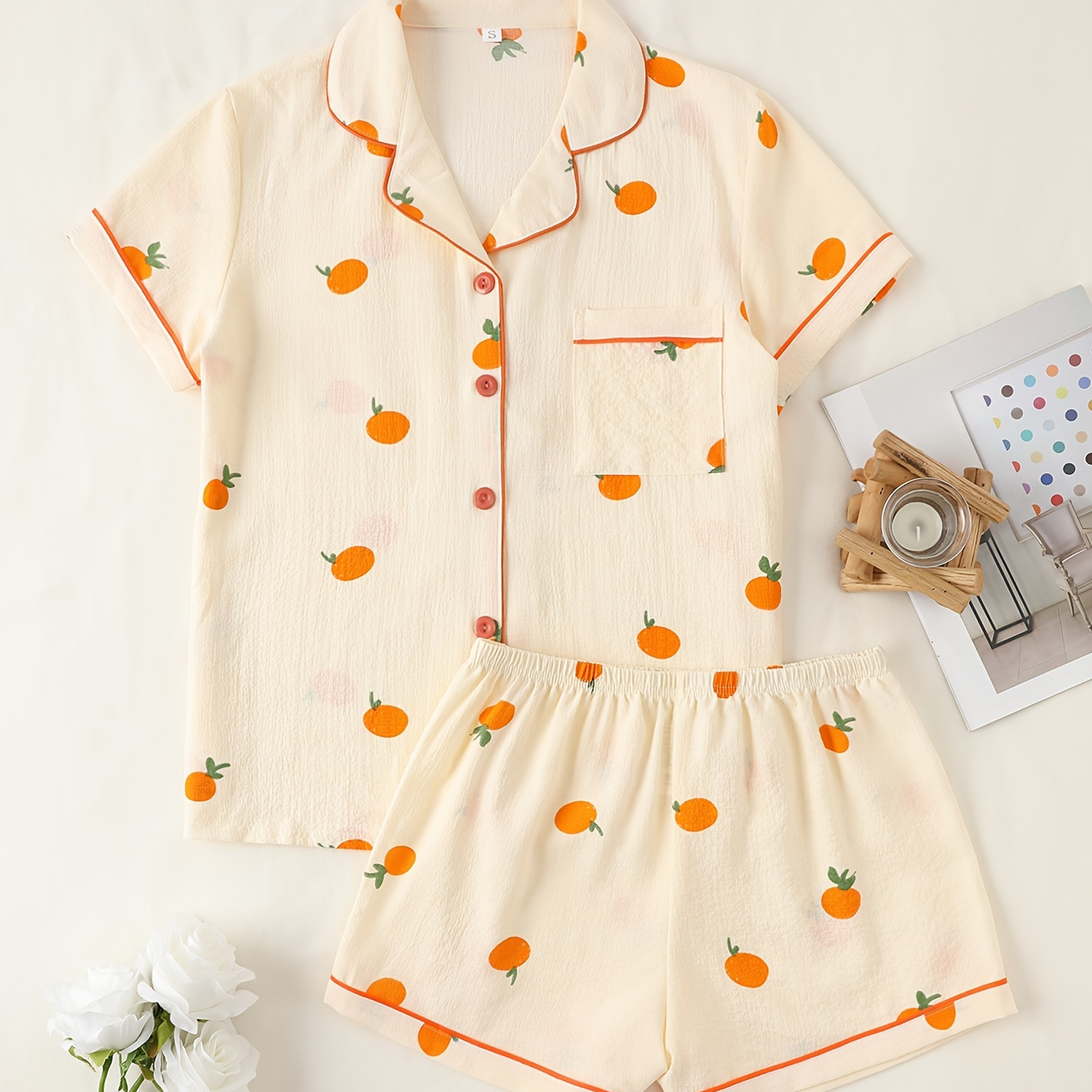 

Women's Orange Print Textured Sweet Pajama Set, Short Sleeve Buttons Lapel Top & Shorts, Comfortable Relaxed Fit