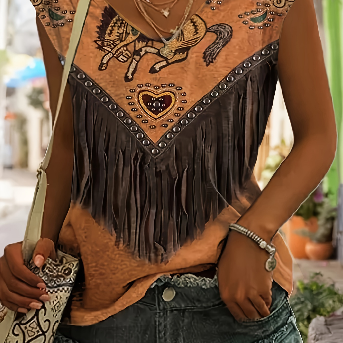 

Horse Print Tassel Trim Tank Top, Casual Sleeveless V Neck Tank Top For Spring & Summer, Women's Clothing