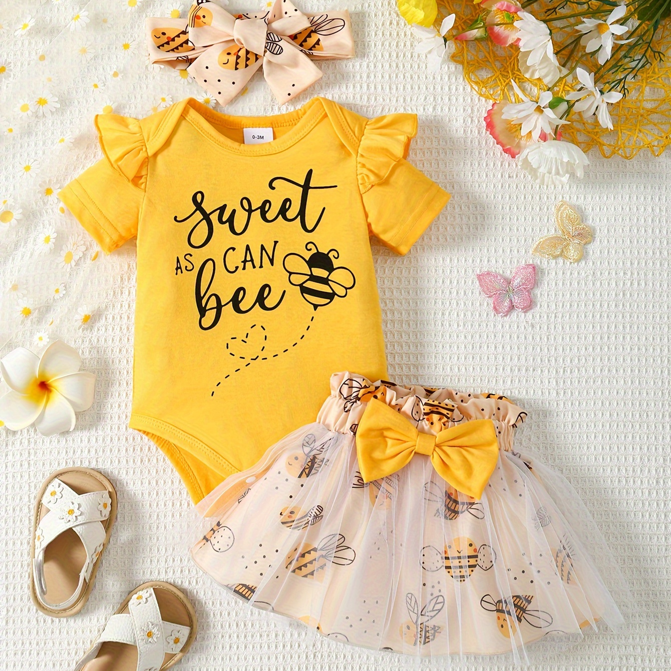 

Baby's "sweet Bee" Letter Print 2pcs Casual Summer Outfit, Bodysuit & Hairband & Mesh Splicing Skirt Set, Toddler & Infant Girl's Clothes For Daily/holiday/party