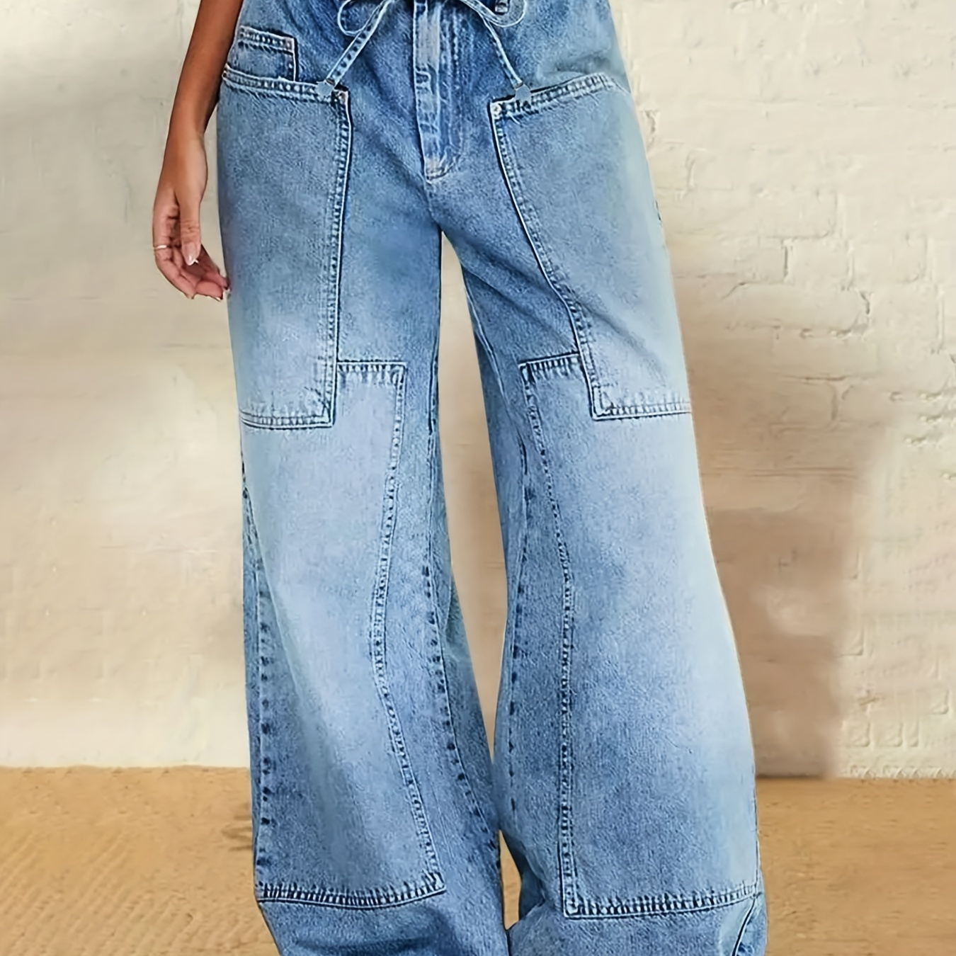 

Women' Loose And With Belt And Waist, Spliced Design, Washed Blue Denim, Wide Leg, Wearable