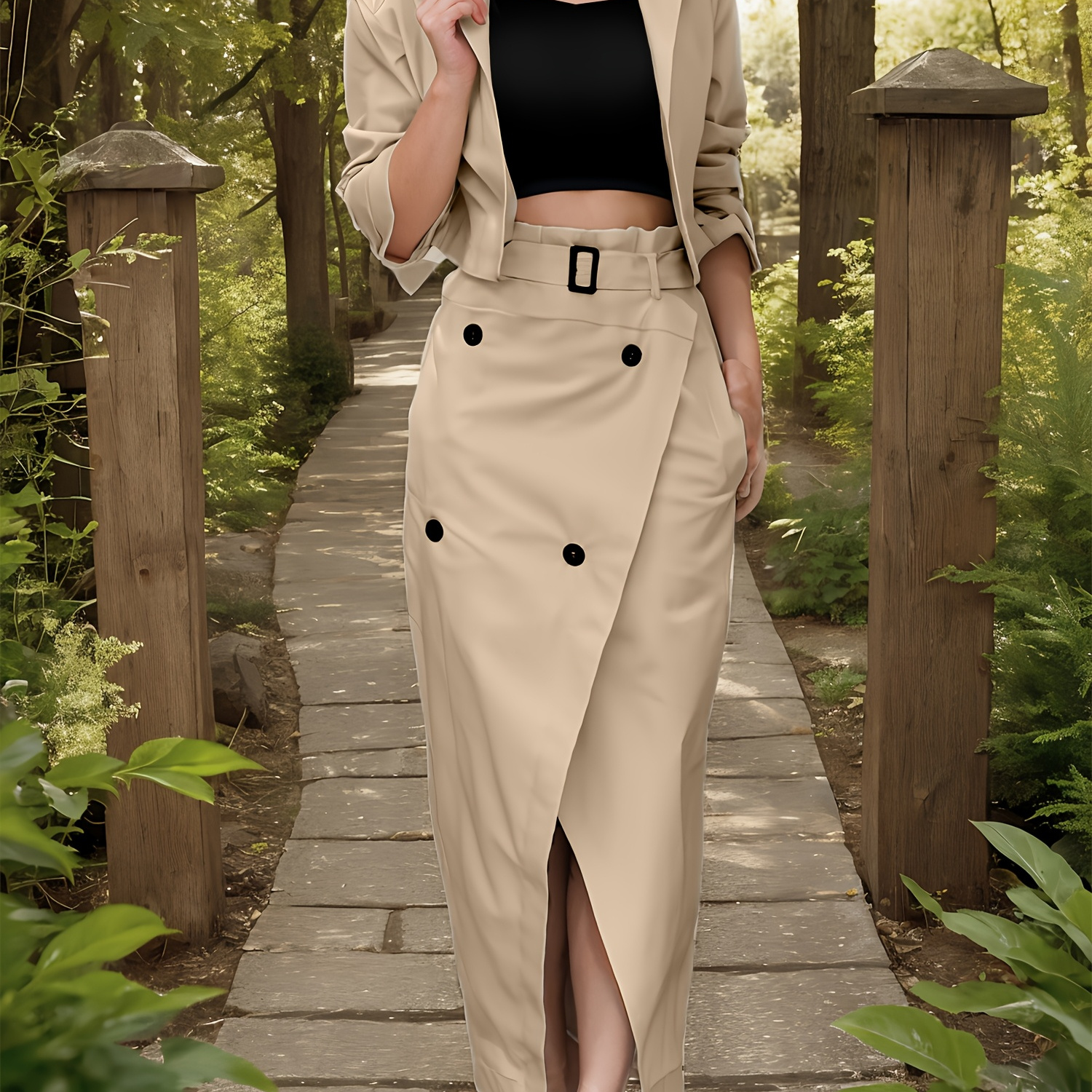 

Women's Casual Solid Color Suit Collar Jacket And High Waist Skirt Two-piece Set, Fashionable And Versatile Long-sleeved Jacket And Work Skirt Set, Free Belt