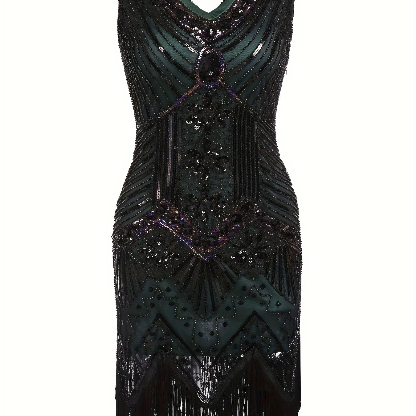 

Sequined Fringe Hem 1920s Dress, Vintage V Neck Sleeveless Bodycon Dress For Party & Banquet, Women's Clothing