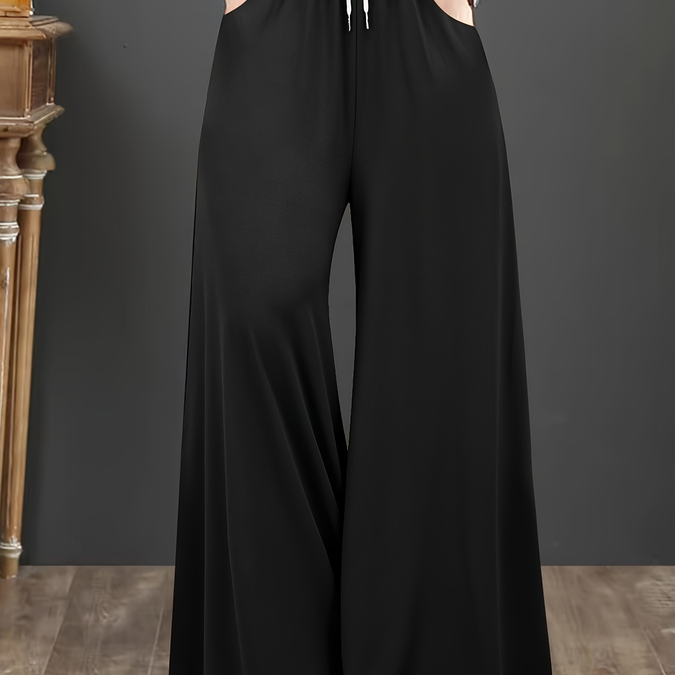 

Plus Size Solid Drawstring Wide Leg Pants, Elegant Pocket Loose Pants For , Women's Plus Size Clothing